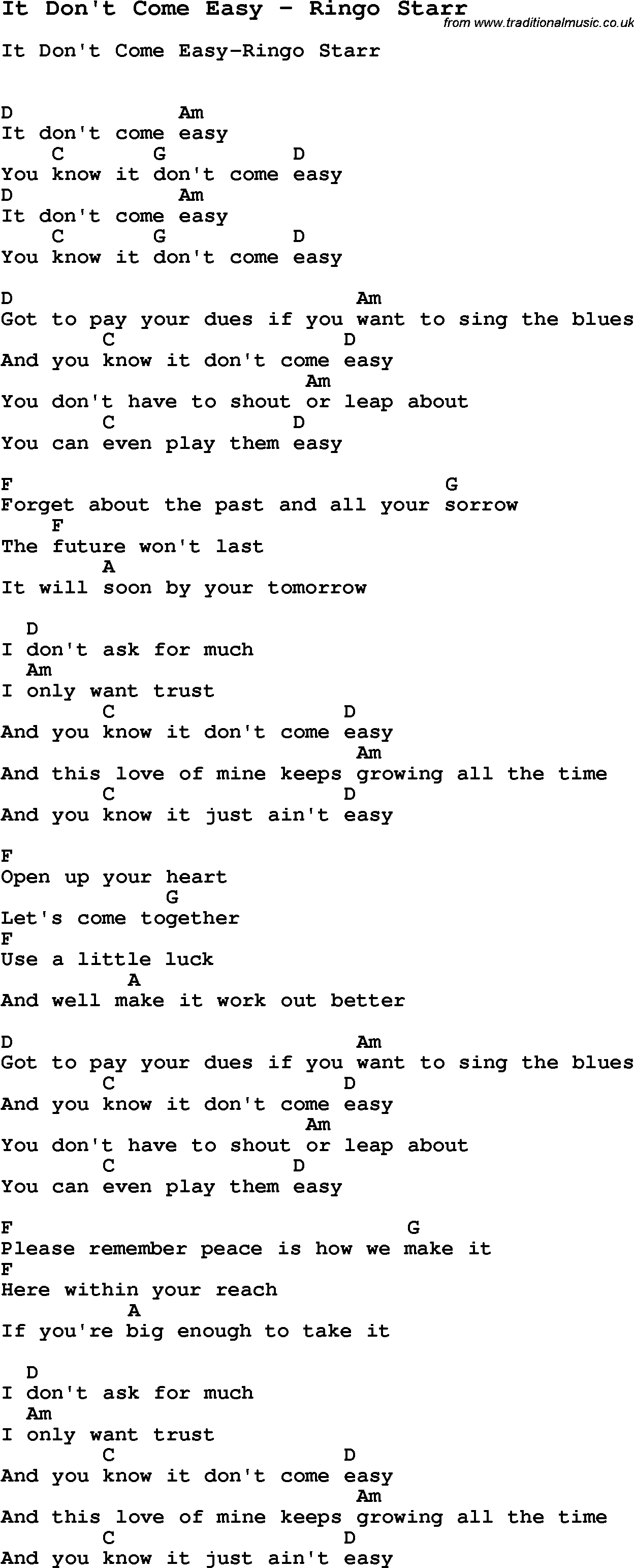 Song It Don't Come Easy by Ringo Starr, with lyrics for vocal performance and accompaniment chords for Ukulele, Guitar Banjo etc.