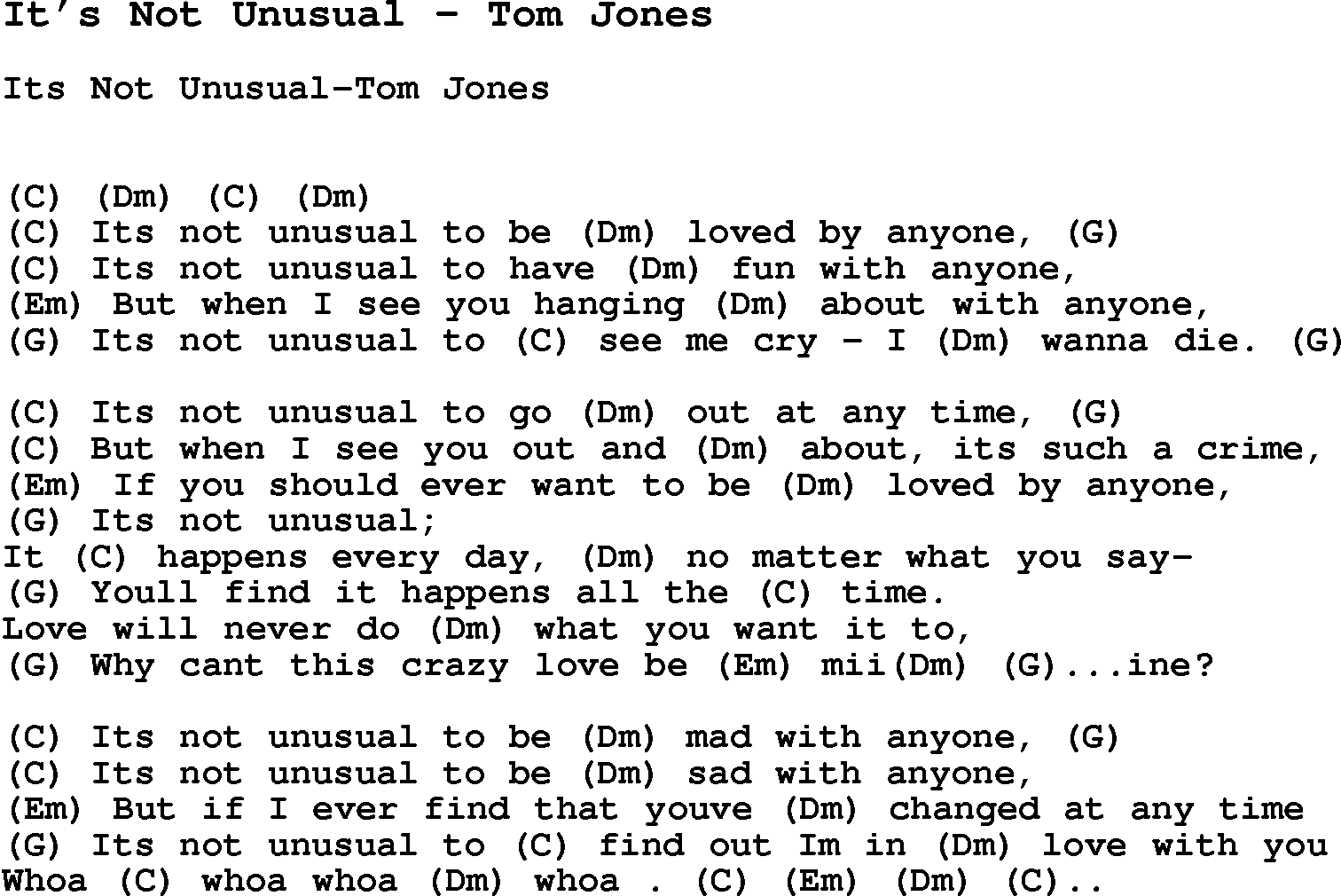 Song It’s Not Unusual by Tom Jones, with lyrics for vocal performance and accompaniment chords for Ukulele, Guitar Banjo etc.