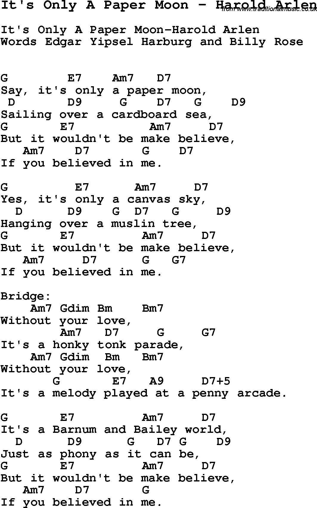Song It's Only A Paper Moon by Harold Arlen, with lyrics for vocal performance and accompaniment chords for Ukulele, Guitar Banjo etc.