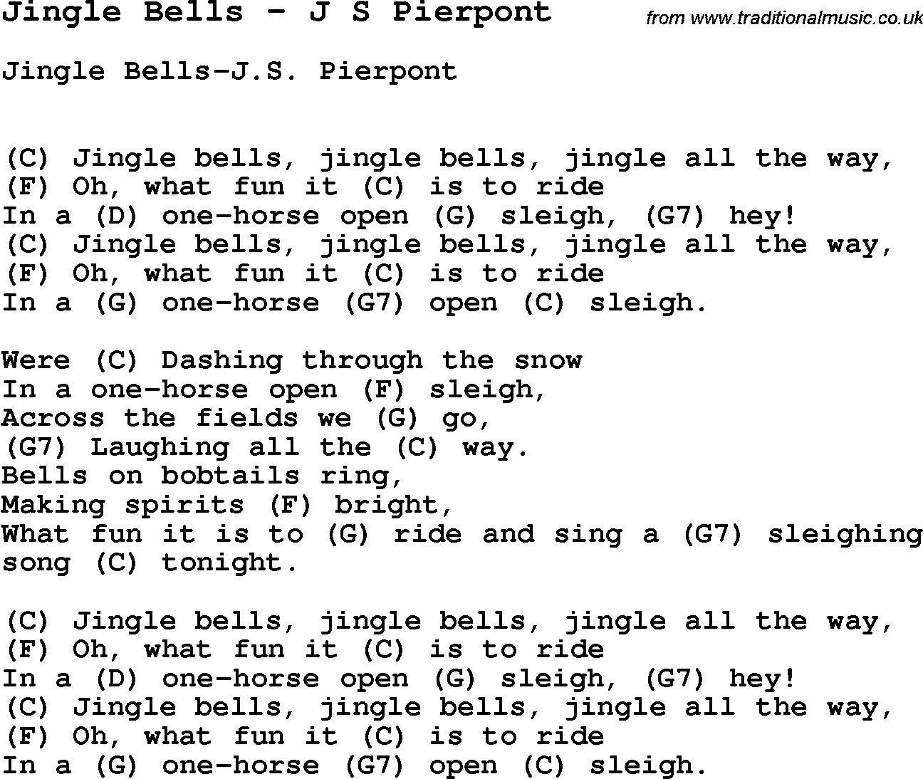 Song Jingle Bells by J S Pierpont, with lyrics for vocal performance and accompaniment chords for Ukulele, Guitar Banjo etc.