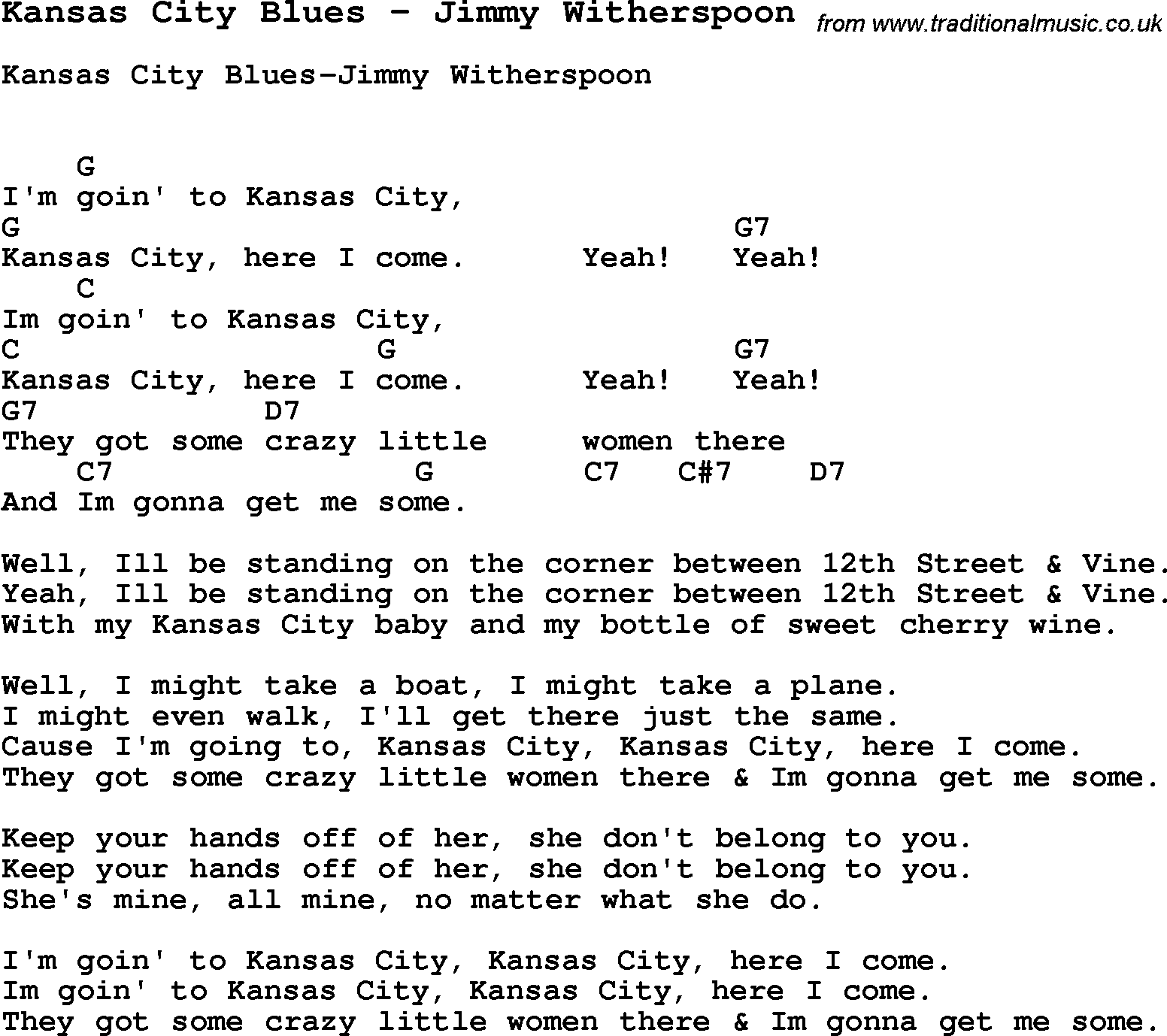 Song Kansas City Blues by Jimmy Witherspoon, with lyrics for vocal performance and accompaniment chords for Ukulele, Guitar Banjo etc.