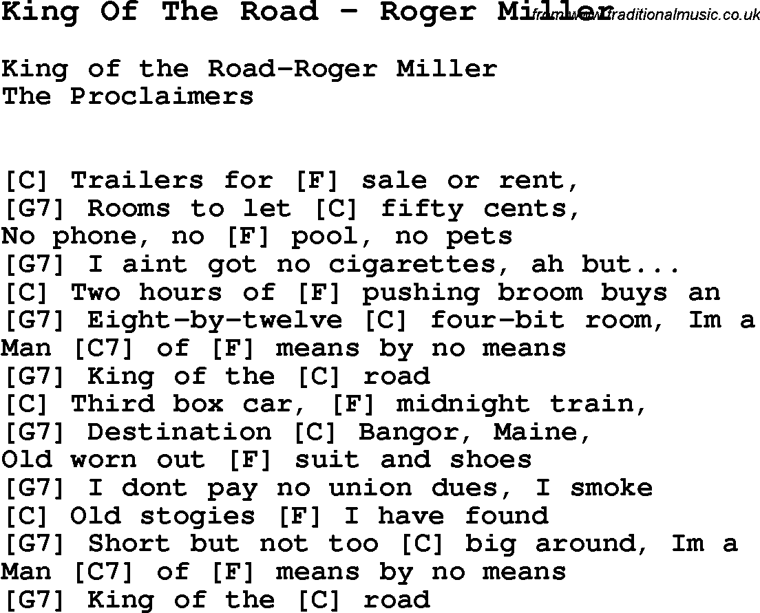 Song King Of The Road by Roger Miller, with lyrics for vocal performance and accompaniment chords for Ukulele, Guitar Banjo etc.