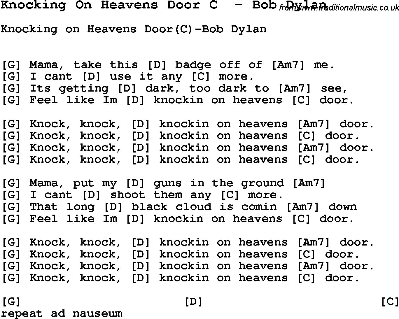 Song Knocking On Heavens Door C  by Bob Dylan, with lyrics for vocal performance and accompaniment chords for Ukulele, Guitar Banjo etc.