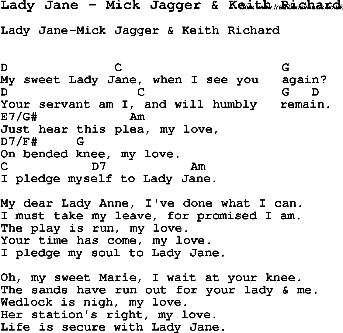 Song Lady Jane by Mick Jagger & Keith Richard, with lyrics for vocal performance and accompaniment chords for Ukulele, Guitar Banjo etc.