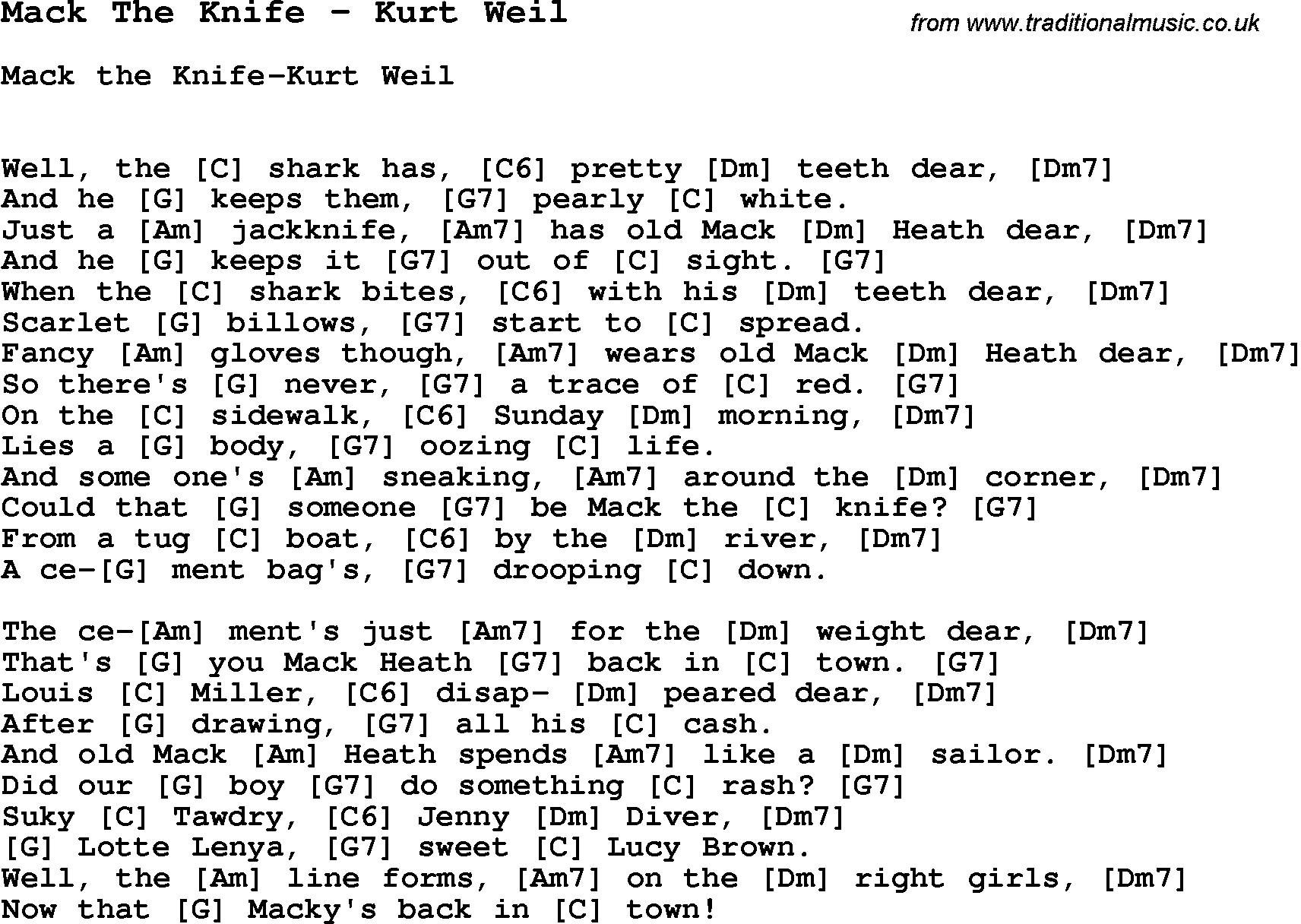 Song Mack The Knife by Kurt Weil, with lyrics for vocal performance and accompaniment chords for Ukulele, Guitar Banjo etc.