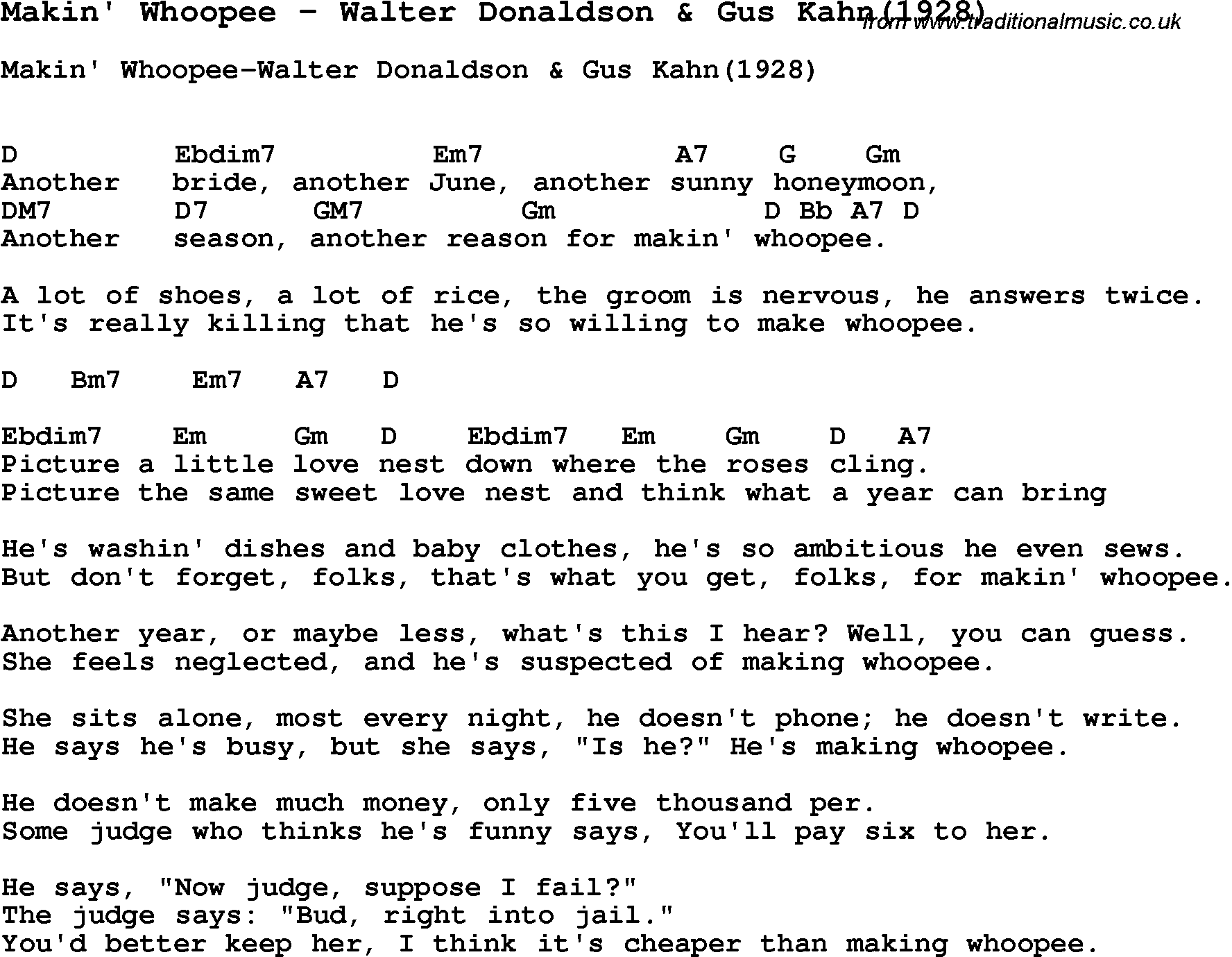 Song Makin' Whoopee by Walter Donaldson & Gus Kahn(1928), with lyrics for vocal performance and accompaniment chords for Ukulele, Guitar Banjo etc.