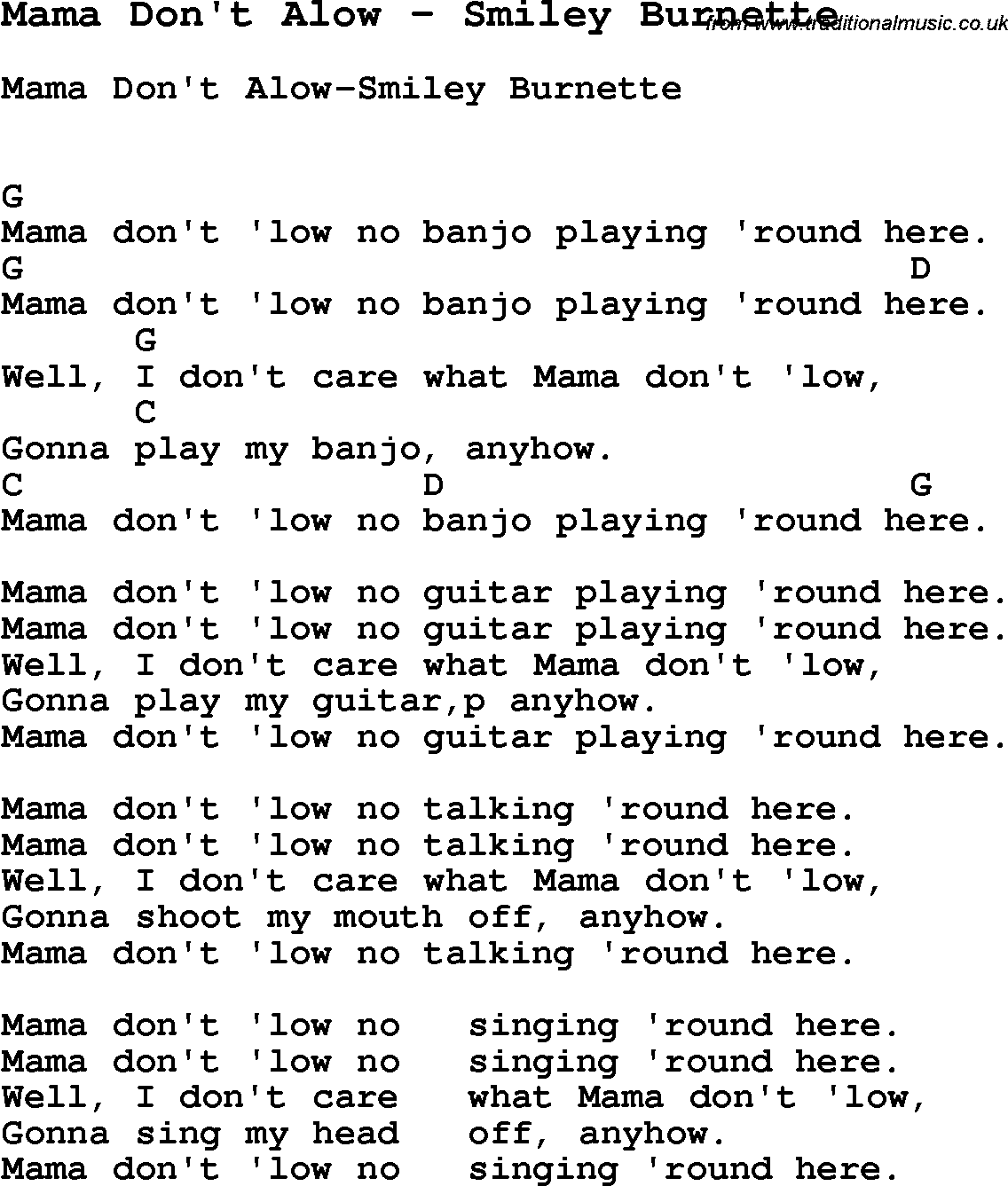 Song Mama Don't Alow by Smiley Burnette, with lyrics for vocal performance and accompaniment chords for Ukulele, Guitar Banjo etc.