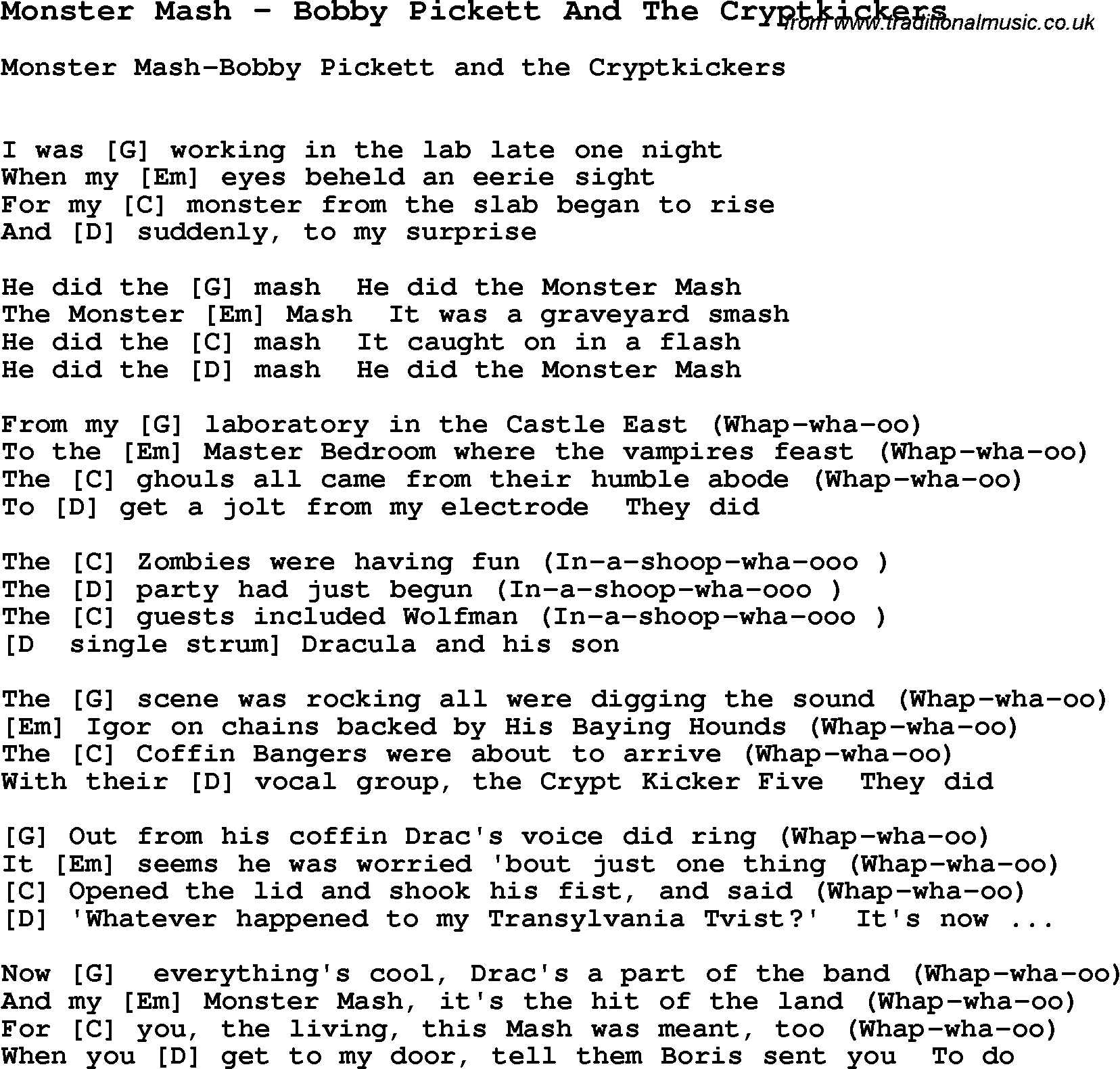 Song Monster Mash by Bobby Pickett And The Cryptkickers, with lyrics for vocal performance and accompaniment chords for Ukulele, Guitar Banjo etc.