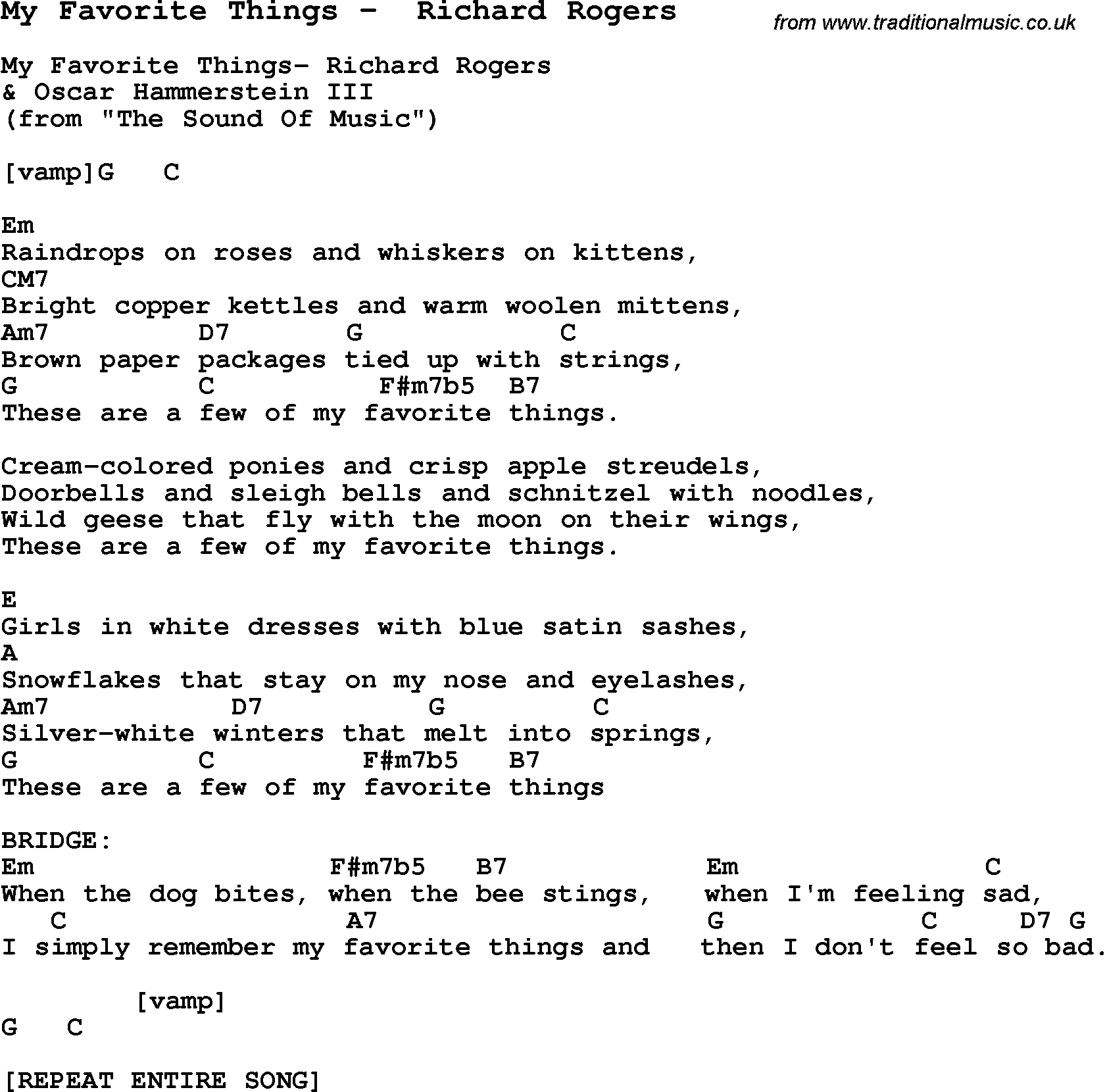 Song My Favorite Things by  Richard Rogers, with lyrics for vocal performance and accompaniment chords for Ukulele, Guitar Banjo etc.