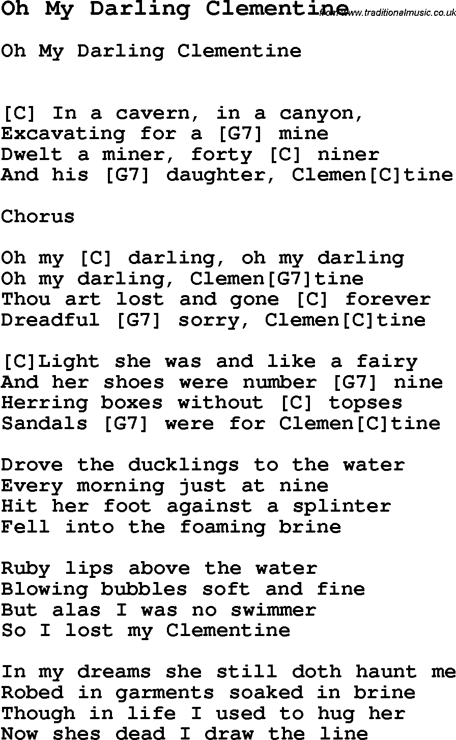 Song Oh My Darling Clementine, with lyrics for vocal performance and accompaniment chords for Ukulele, Guitar Banjo etc.