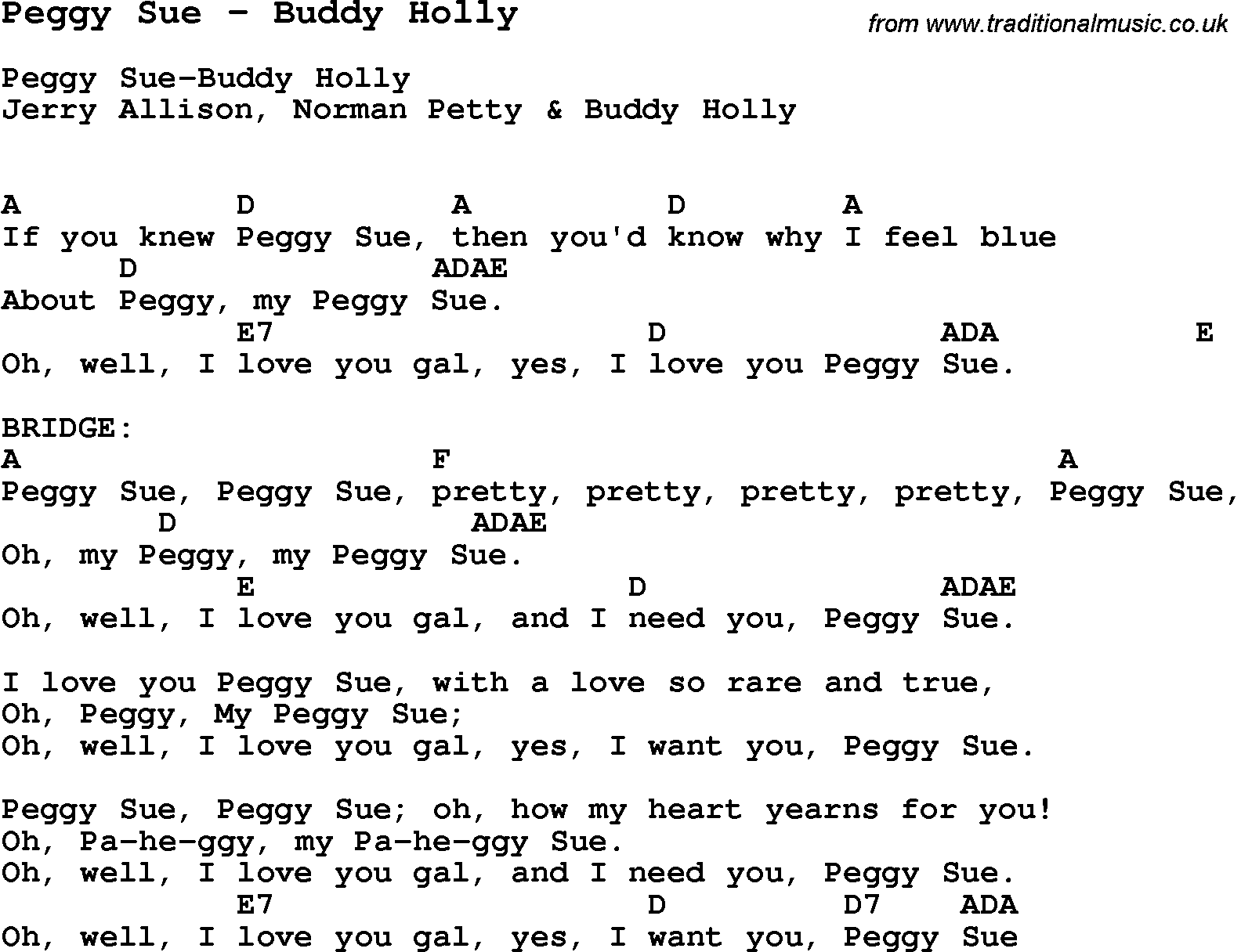 Song Peggy Sue by Buddy Holly, with lyrics for vocal performance and accompaniment chords for Ukulele, Guitar Banjo etc.