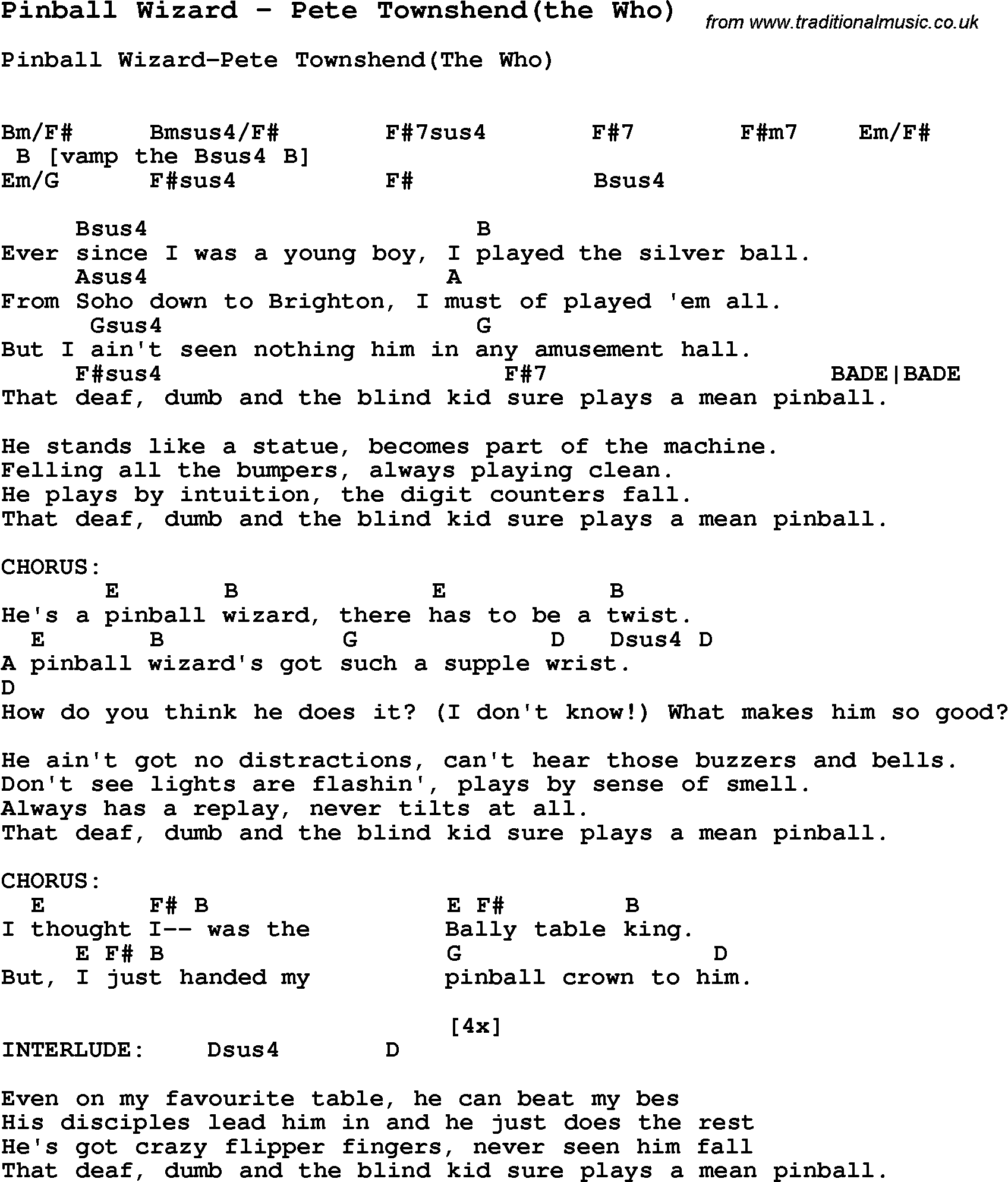 Song Pinball Wizard by Pete Townshend(the Who), with lyrics for vocal performance and accompaniment chords for Ukulele, Guitar Banjo etc.