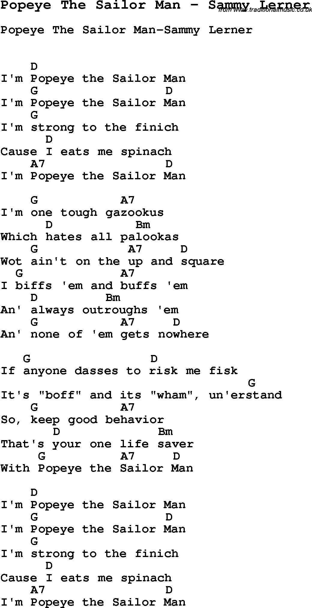 Song Popeye The Sailor Man by Sammy Lerner, with lyrics for vocal performance and accompaniment chords for Ukulele, Guitar Banjo etc.