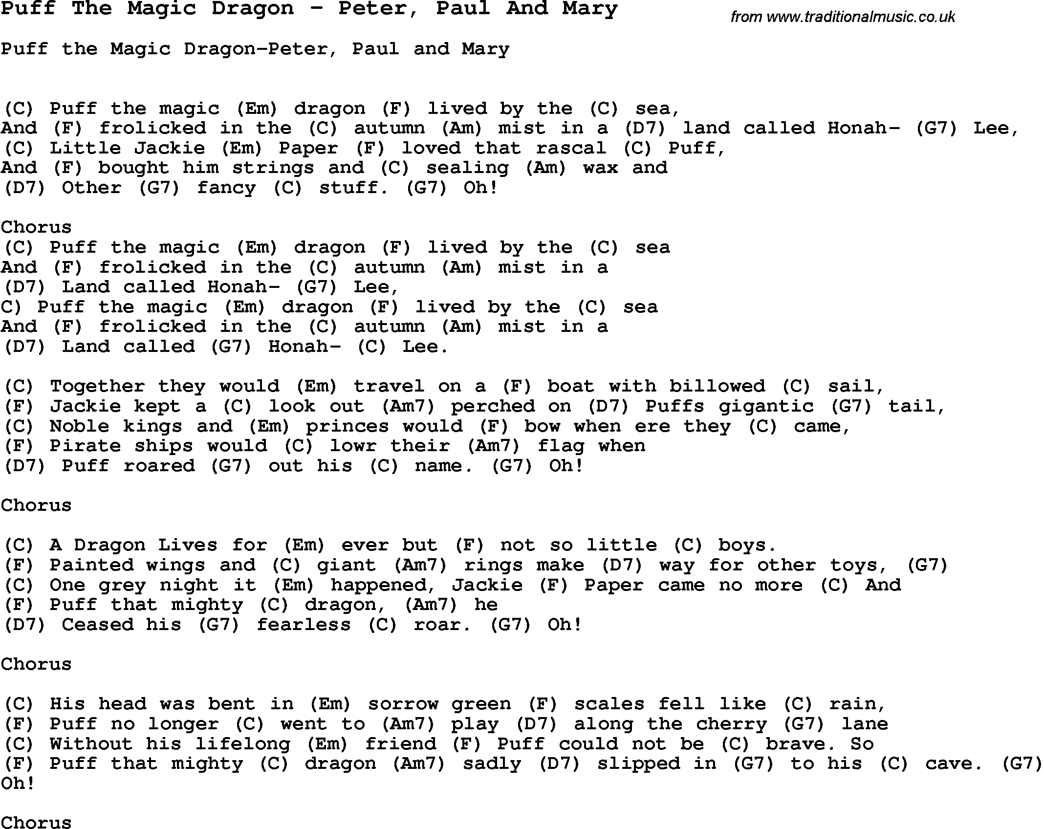 Song Puff The Magic Dragon by Peter, Paul And Mary, with lyrics for vocal performance and accompaniment chords for Ukulele, Guitar Banjo etc.