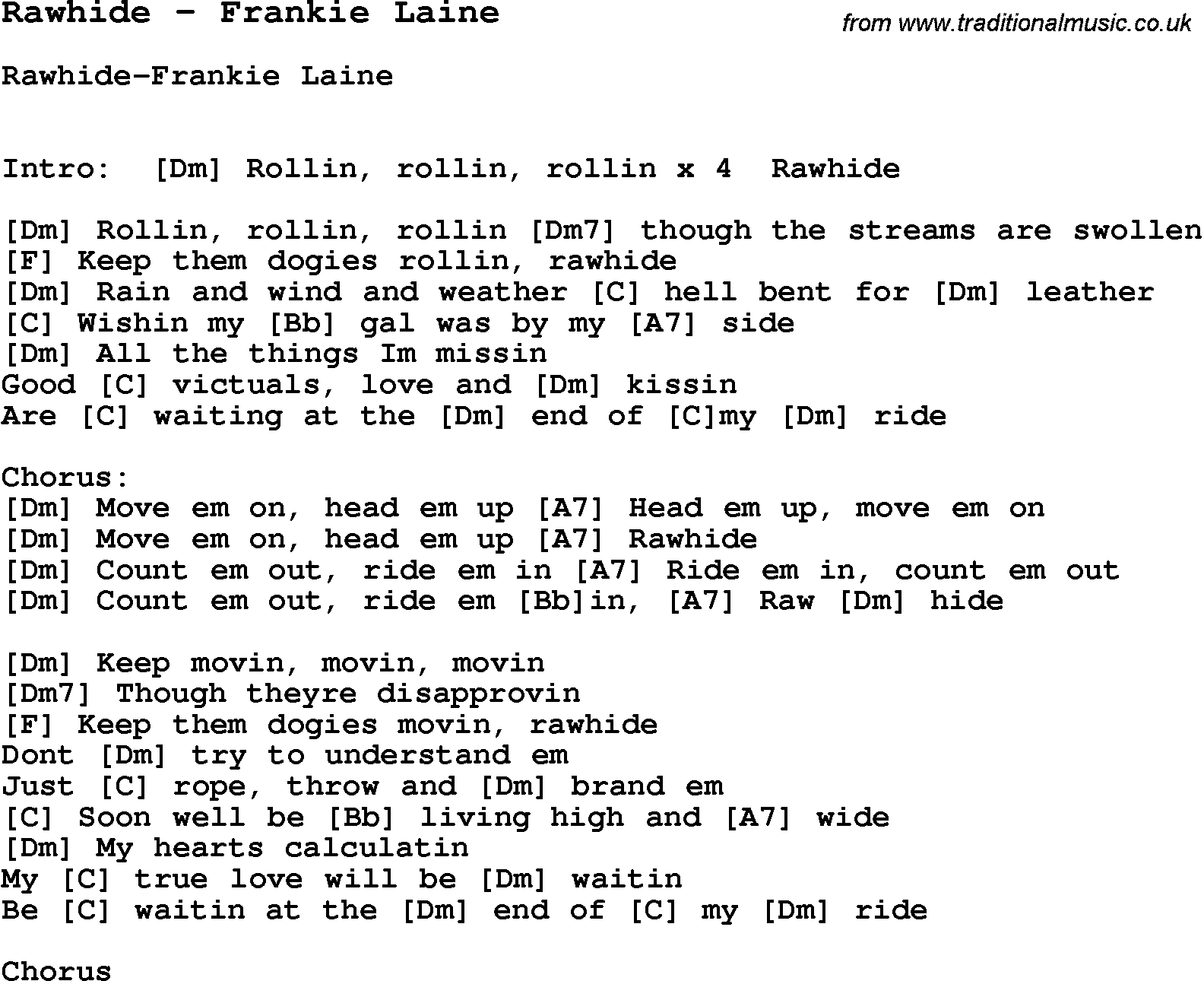 Song Rawhide by Frankie Laine, with lyrics for vocal performance and accompaniment chords for Ukulele, Guitar Banjo etc.