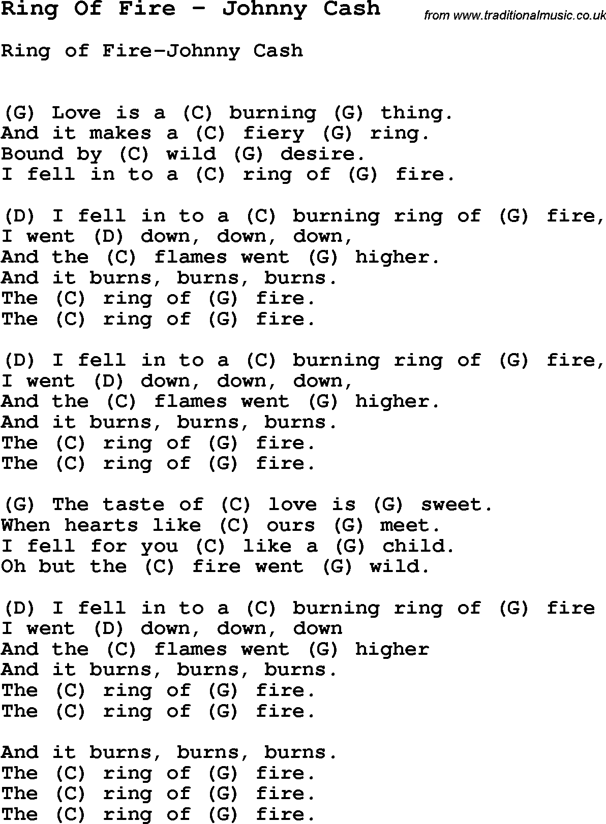Song Ring Of Fire by Johnny Cash, with lyrics for vocal performance and accompaniment chords for Ukulele, Guitar Banjo etc.