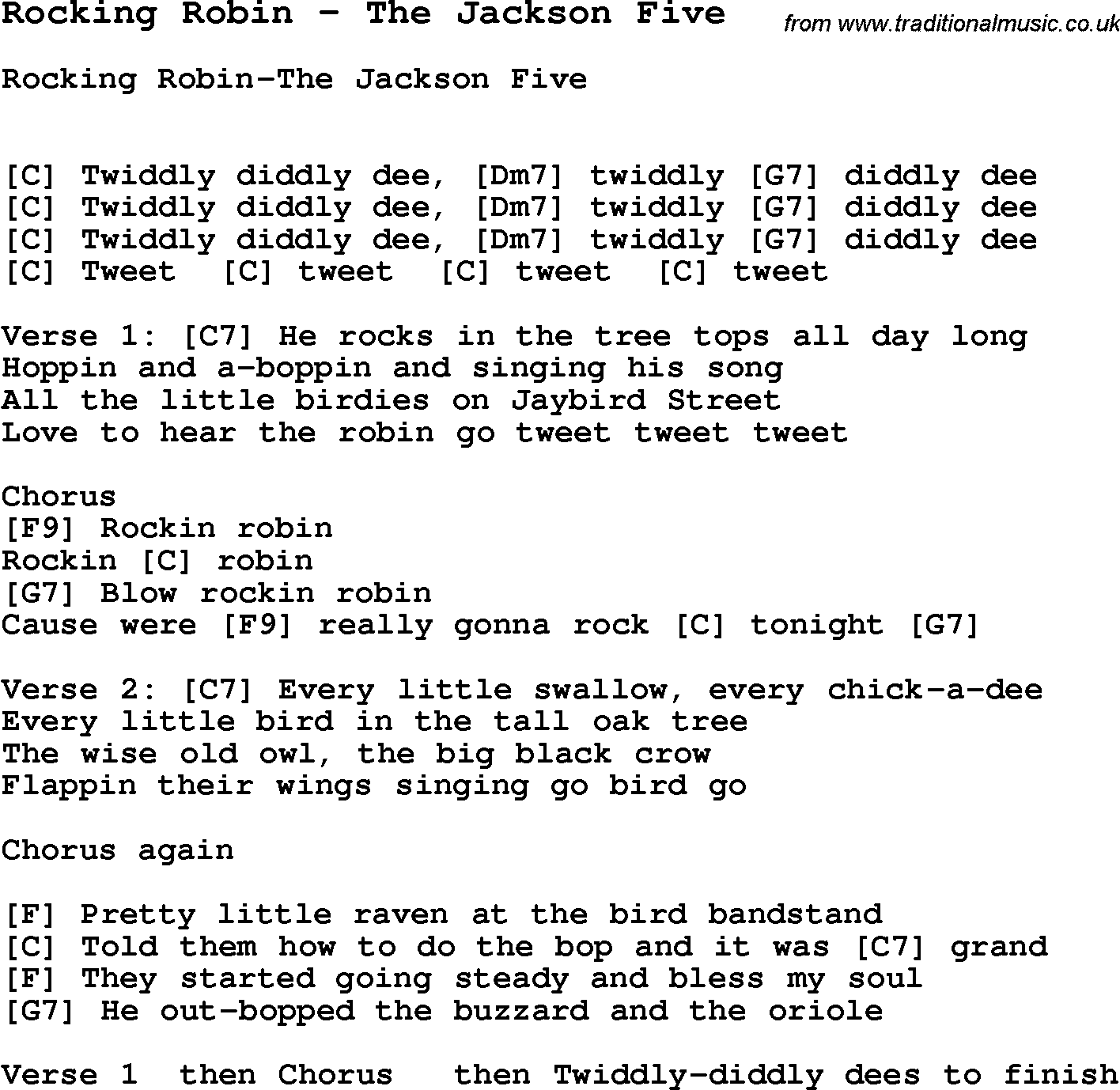 Song Rocking Robin by The Jackson Five, with lyrics for vocal performance and accompaniment chords for Ukulele, Guitar Banjo etc.