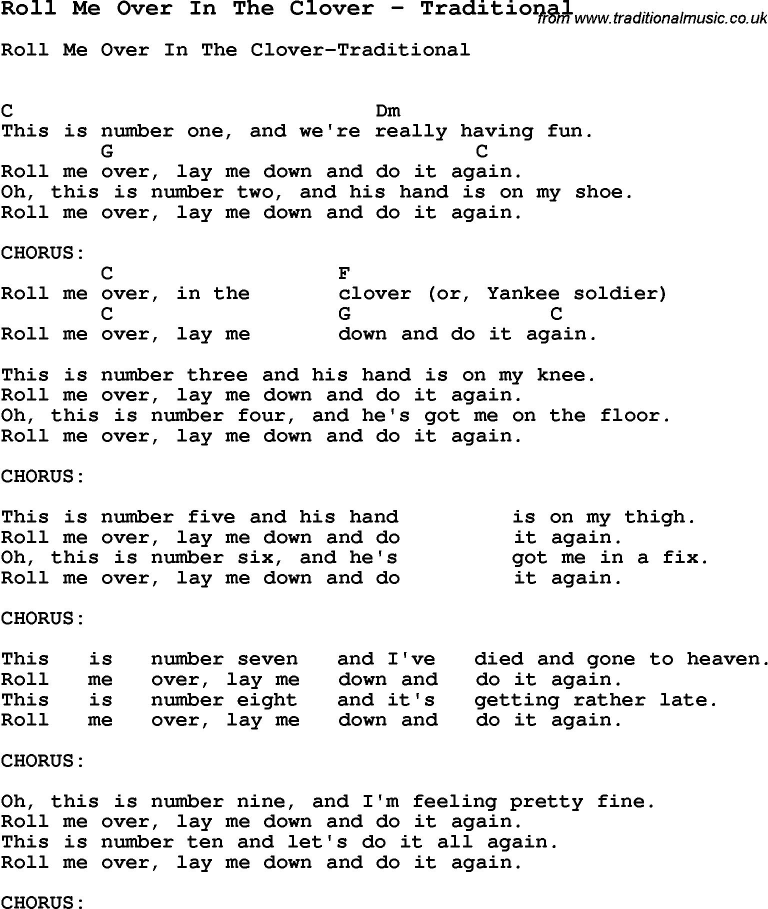 Song Roll Me Over In The Clover by Traditional, with lyrics for vocal performance and accompaniment chords for Ukulele, Guitar Banjo etc.