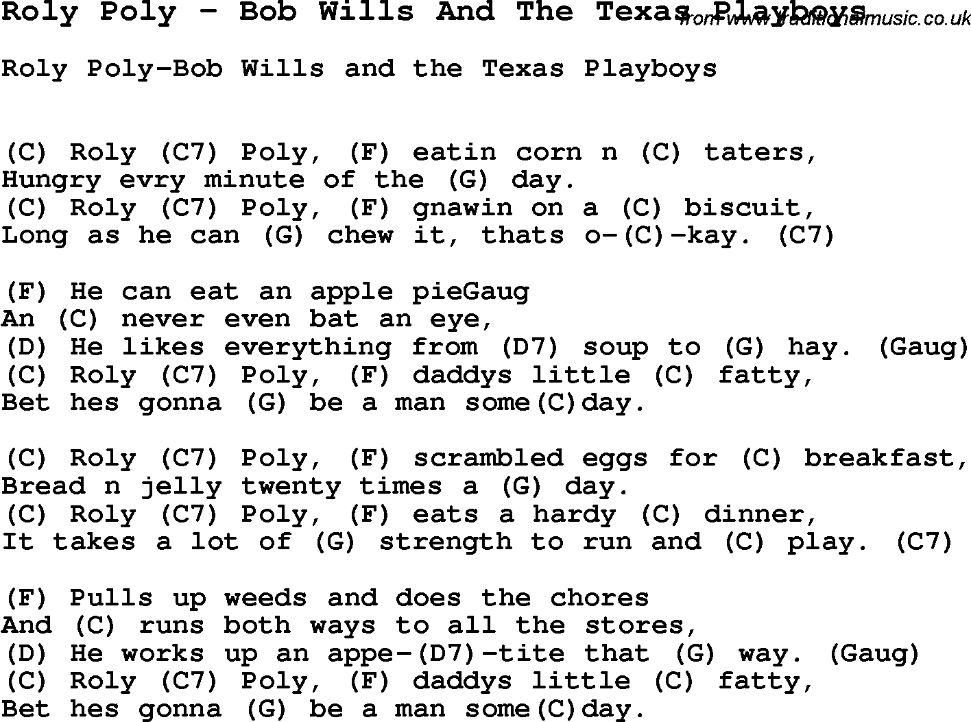 Song Roly Poly by Bob Wills And The Texas Playboys, with lyrics for vocal performance and accompaniment chords for Ukulele, Guitar Banjo etc.