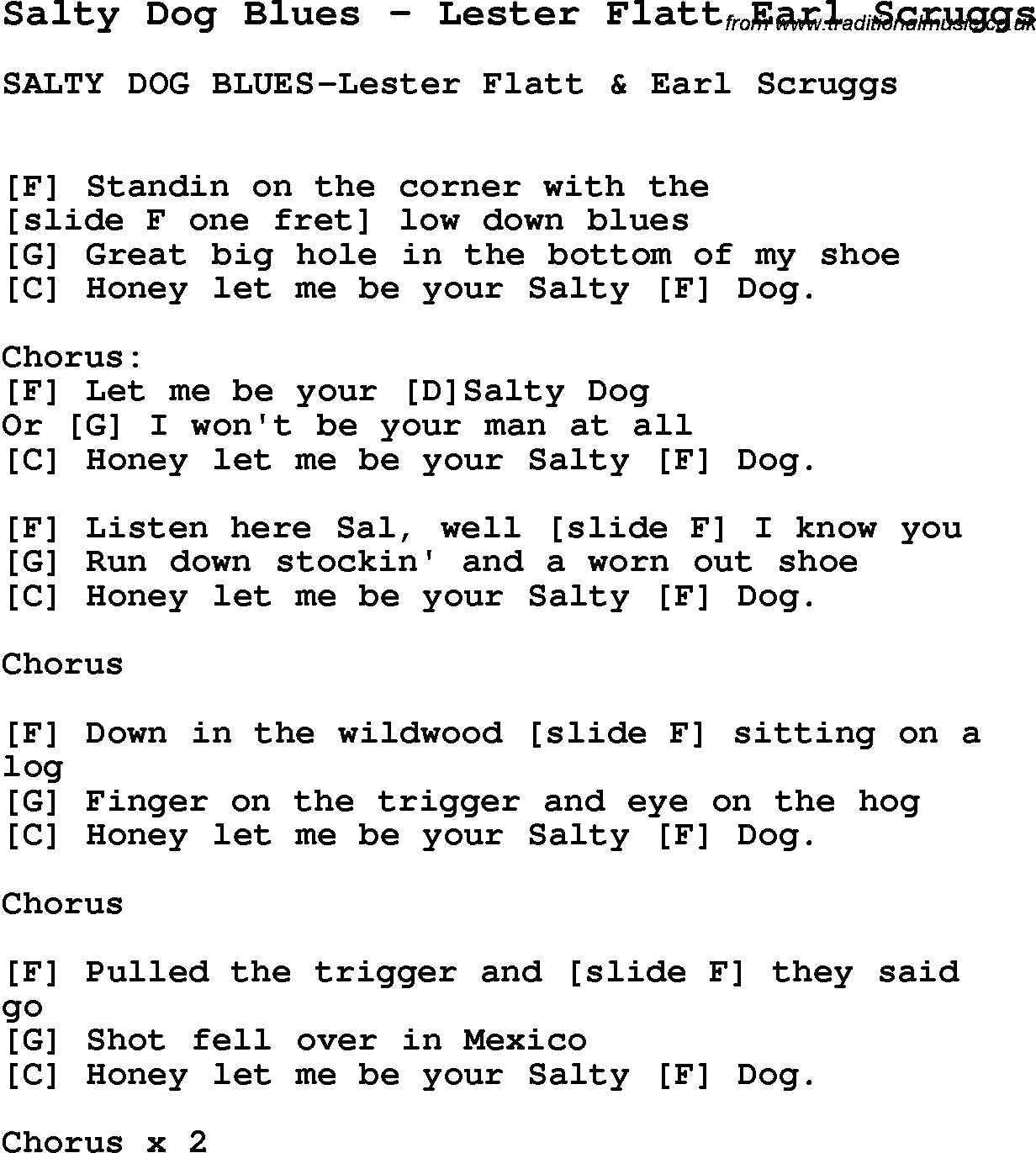 Song Salty Dog Blues by Lester Flatt Earl Scruggs, with lyrics for vocal performance and accompaniment chords for Ukulele, Guitar Banjo etc.