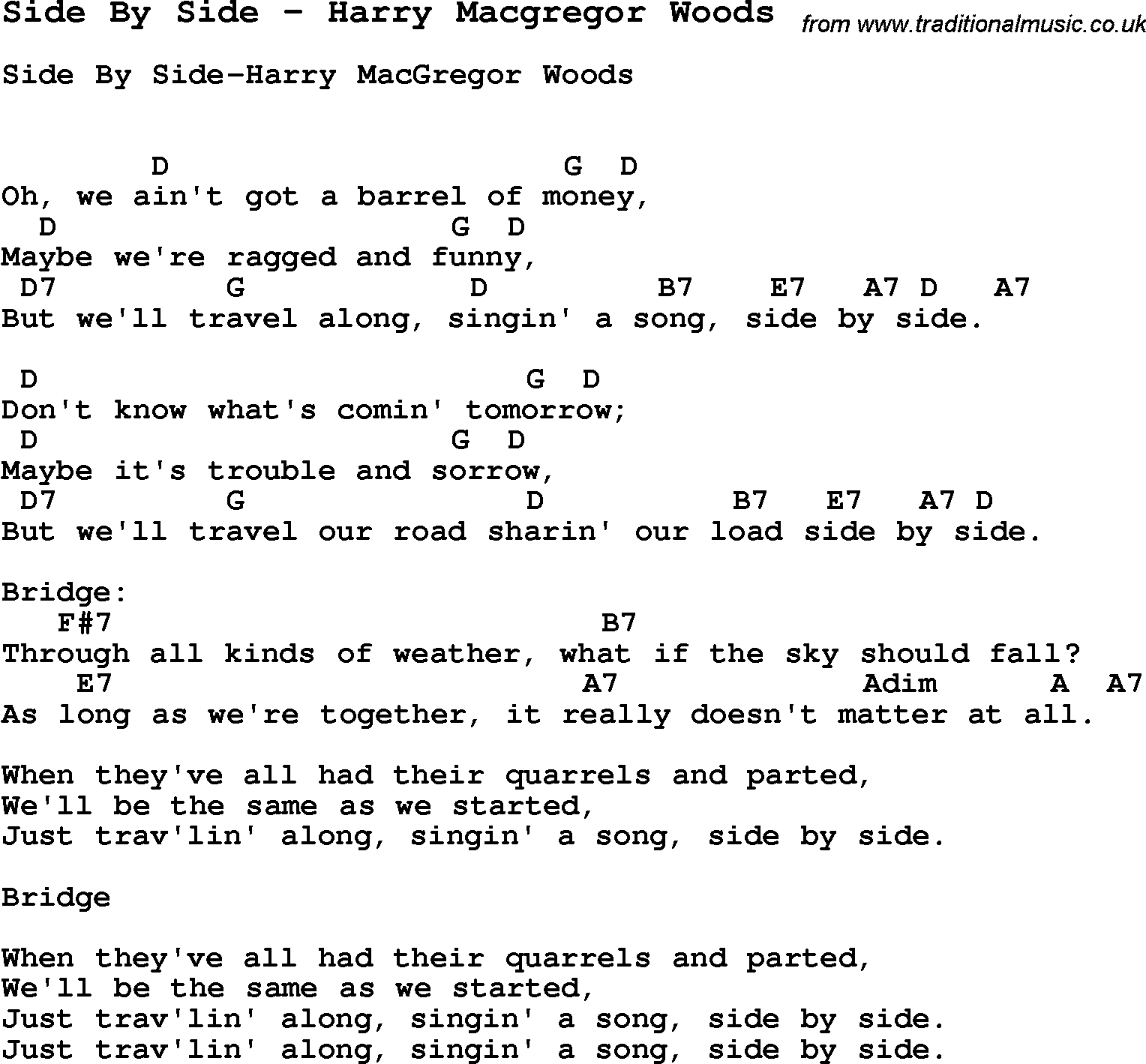 Song Side By Side by Harry Macgregor Woods, with lyrics for vocal performance and accompaniment chords for Ukulele, Guitar Banjo etc.