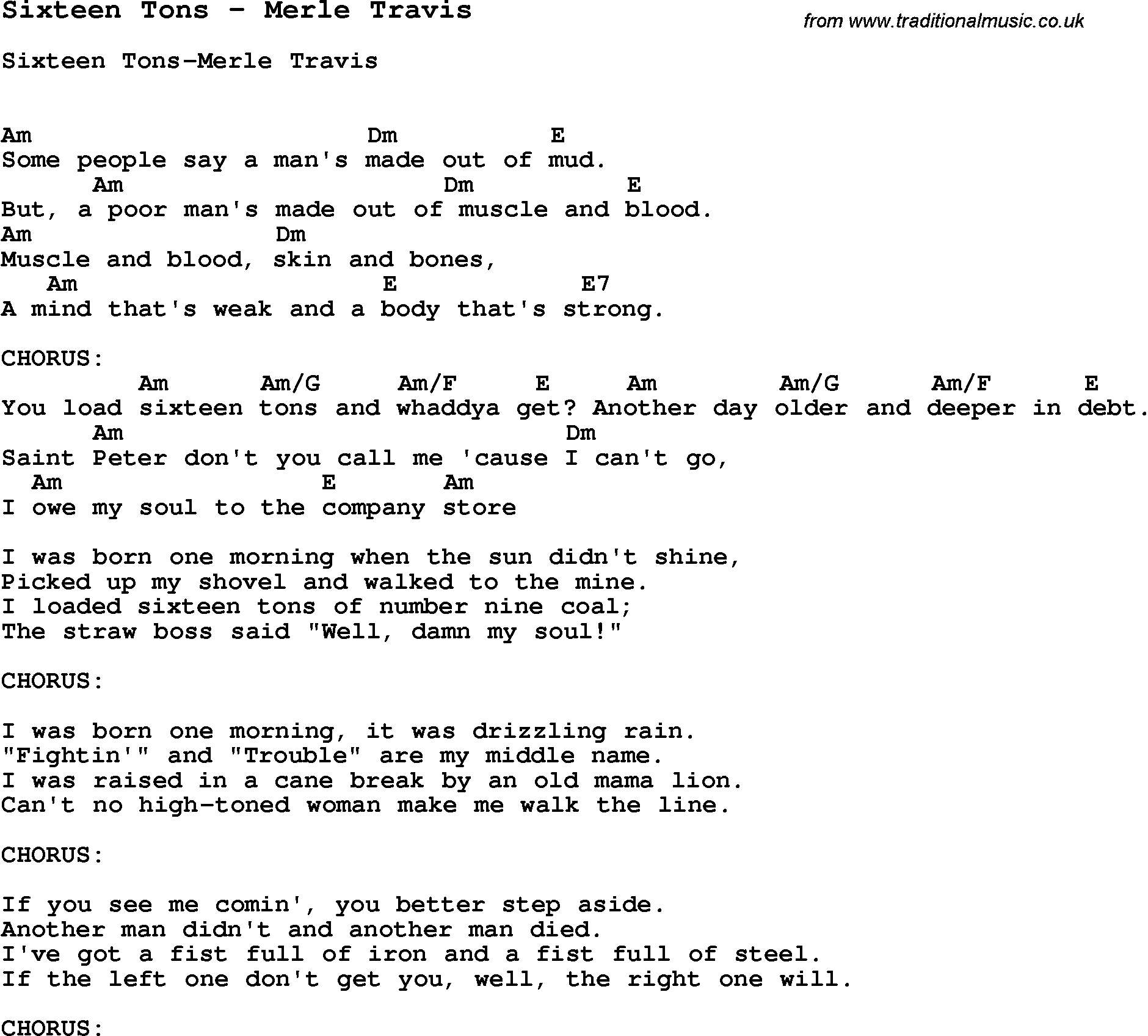 Song Sixteen Tons by Merle Travis, with lyrics for vocal performance and accompaniment chords for Ukulele, Guitar Banjo etc.