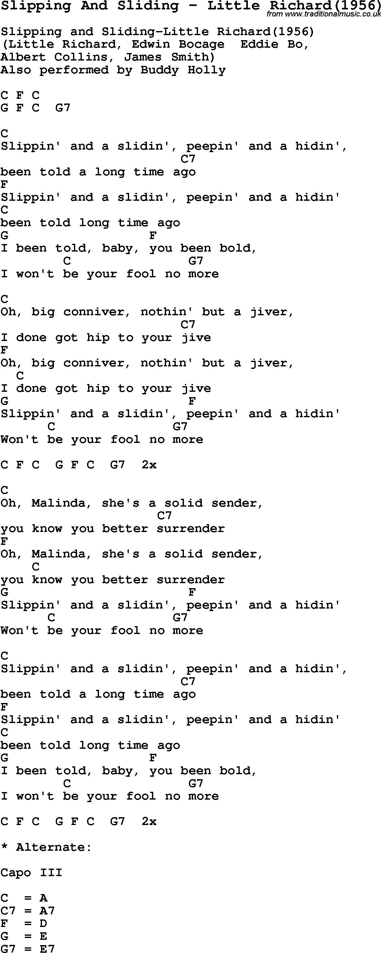 Song Slipping And Sliding by Little Richard(1956), with lyrics for vocal performance and accompaniment chords for Ukulele, Guitar Banjo etc.