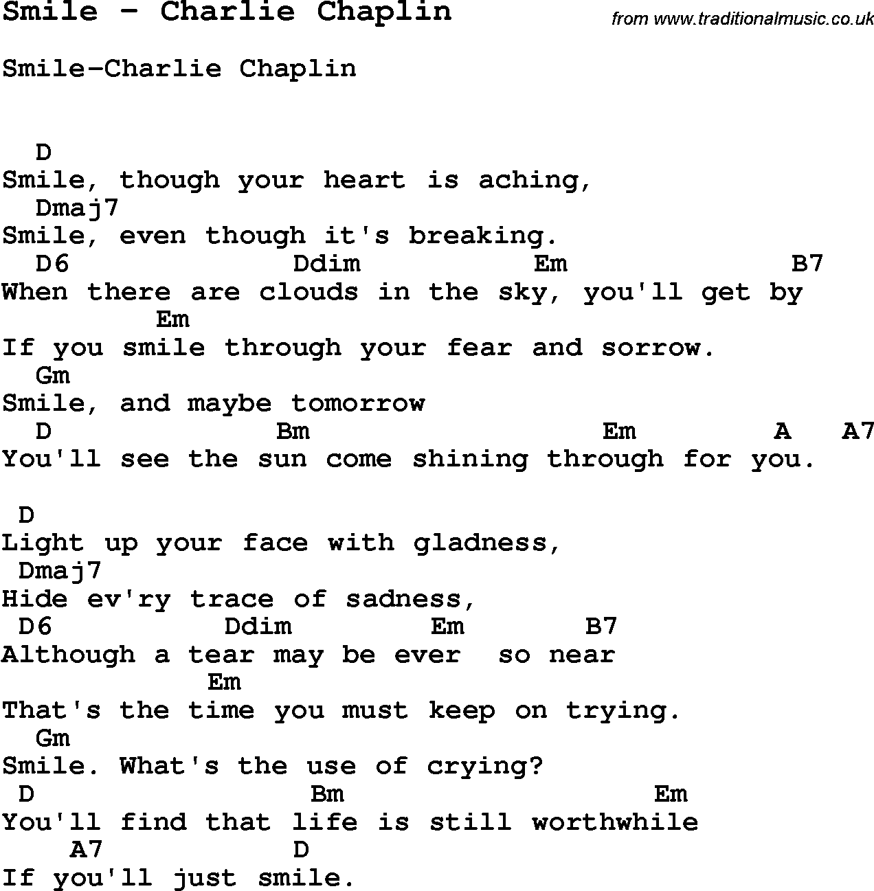 Song Smile by Charlie Chaplin, with lyrics for vocal performance and accompaniment chords for Ukulele, Guitar Banjo etc.
