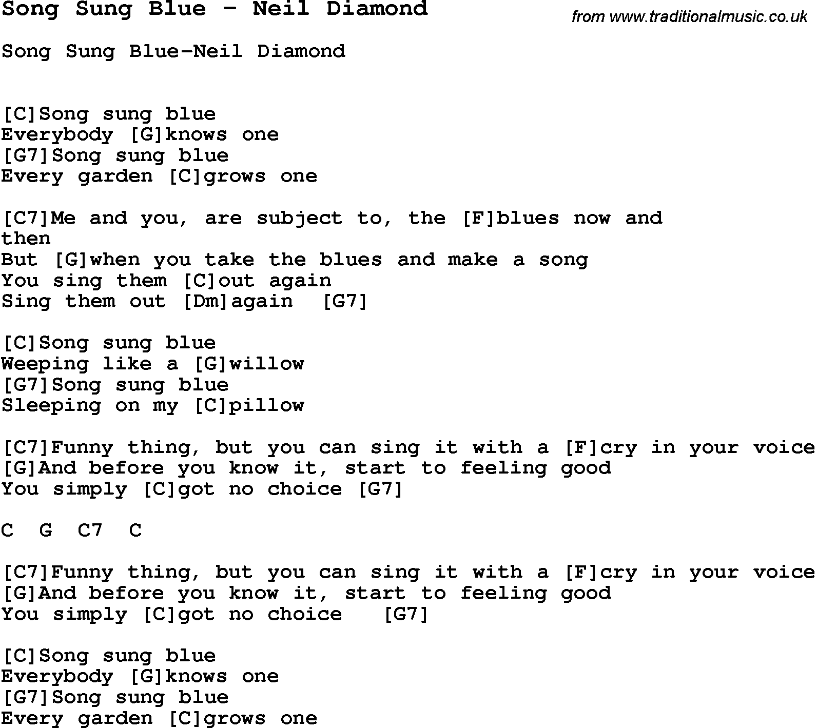 Song Song Sung Blue by Neil Diamond, with lyrics for vocal performance and accompaniment chords for Ukulele, Guitar Banjo etc.