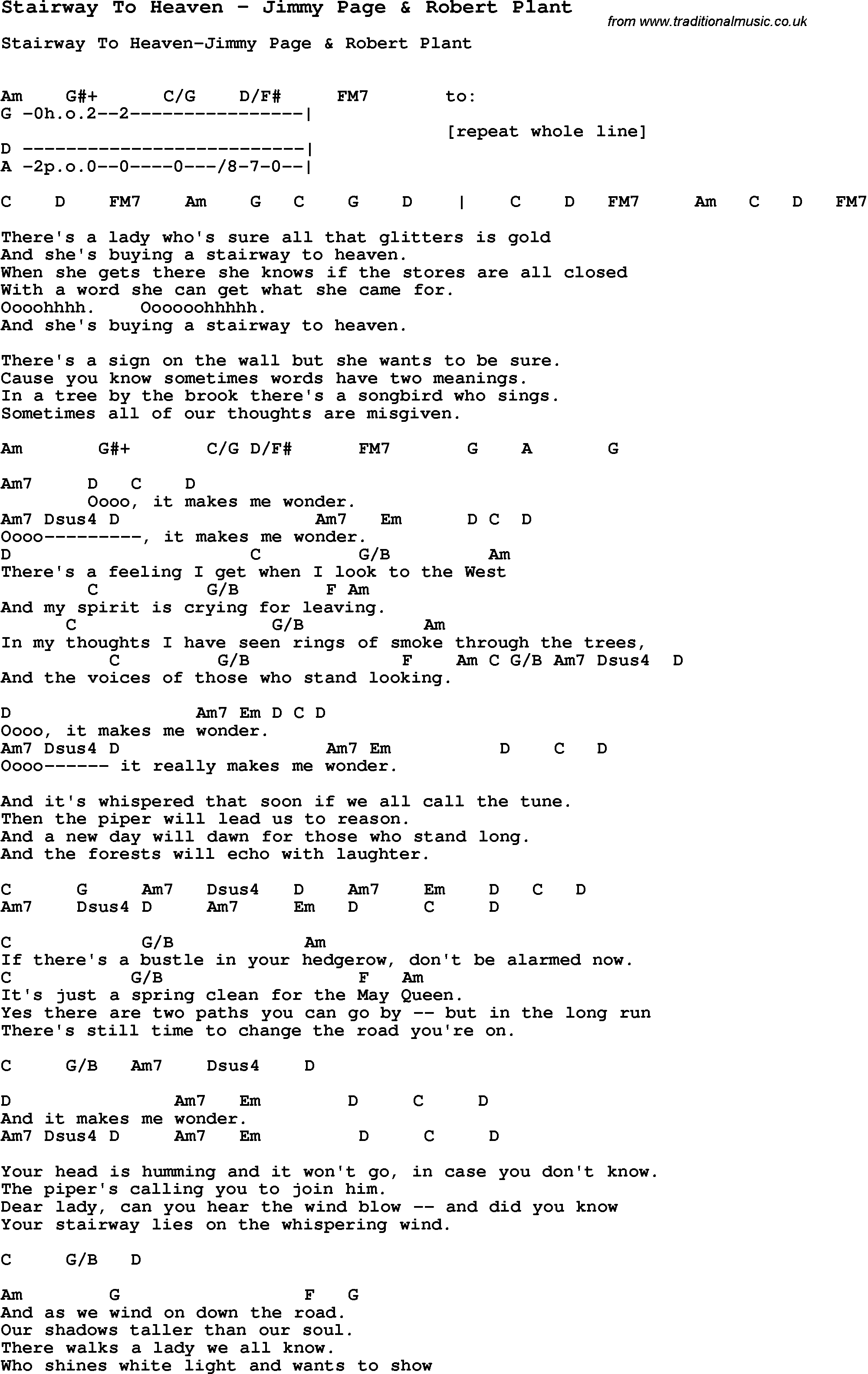 Song Stairway To Heaven by Jimmy Page & Robert Plant, with lyrics for vocal performance and accompaniment chords for Ukulele, Guitar Banjo etc.