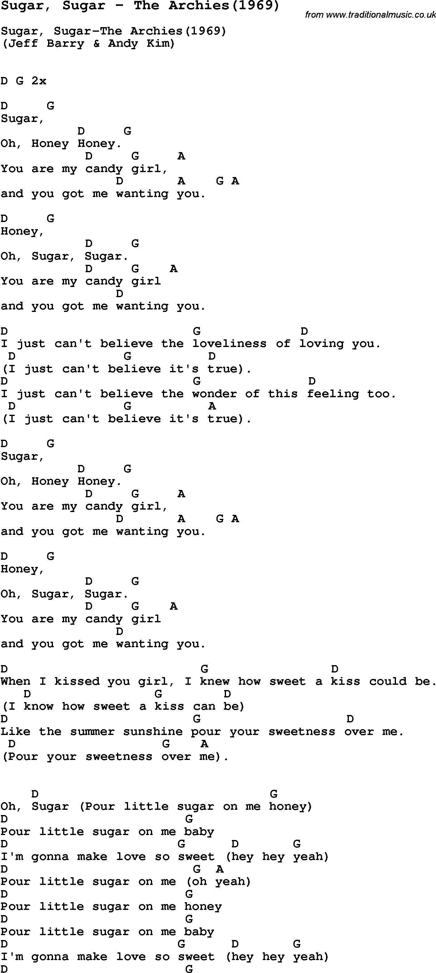 Song Sugar, Sugar by The Archies(1969), with lyrics for vocal performance and accompaniment chords for Ukulele, Guitar Banjo etc.