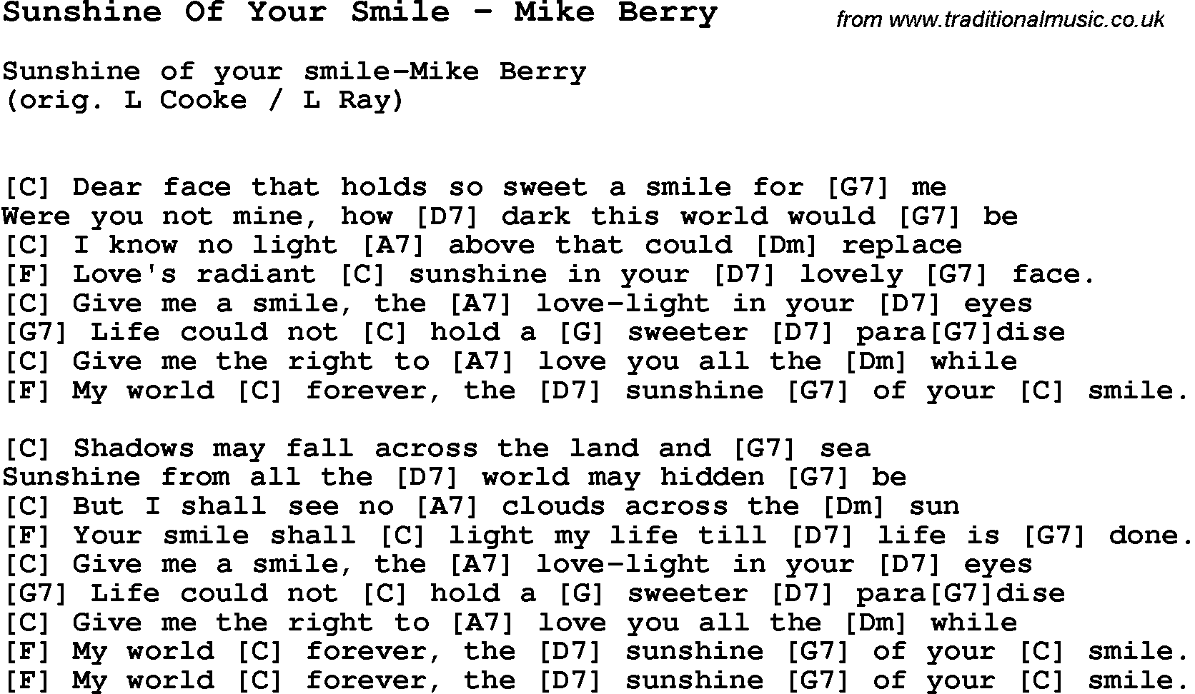 Song Sunshine Of Your Smile by Mike Berry, with lyrics for vocal performance and accompaniment chords for Ukulele, Guitar Banjo etc.