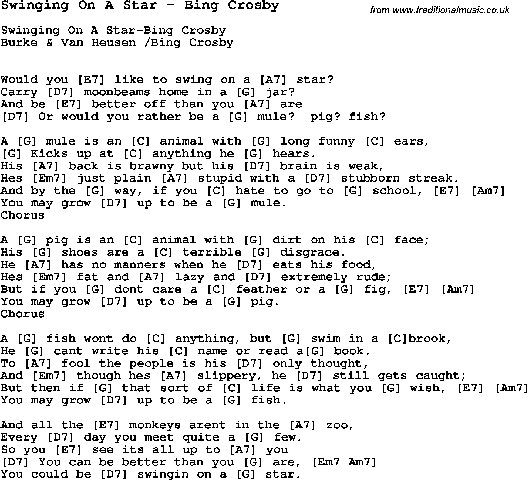 Song Swinging On A Star by Bing Crosby, with lyrics for vocal performance and accompaniment chords for Ukulele, Guitar Banjo etc.