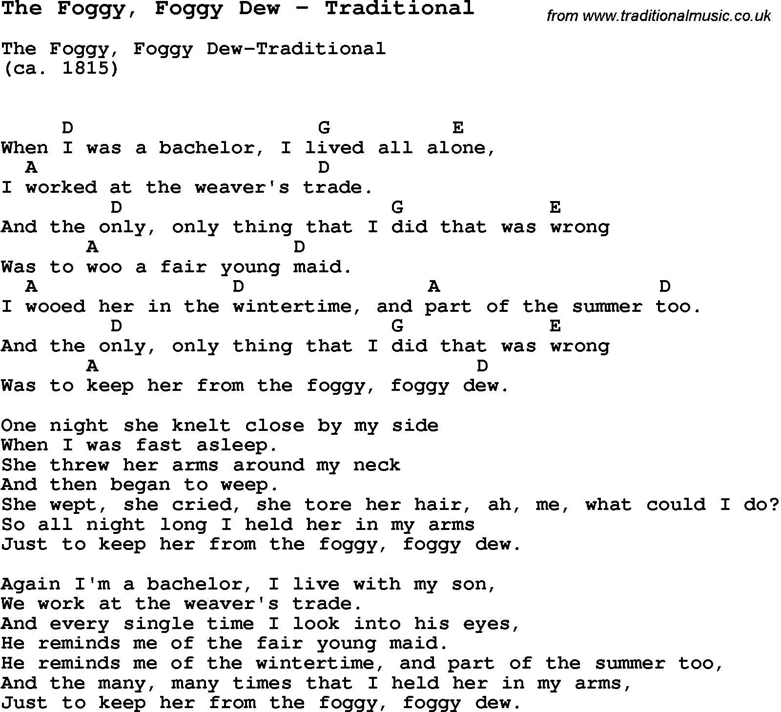 Song The Foggy, Foggy Dew by Traditional, with lyrics for vocal performance and accompaniment chords for Ukulele, Guitar Banjo etc.