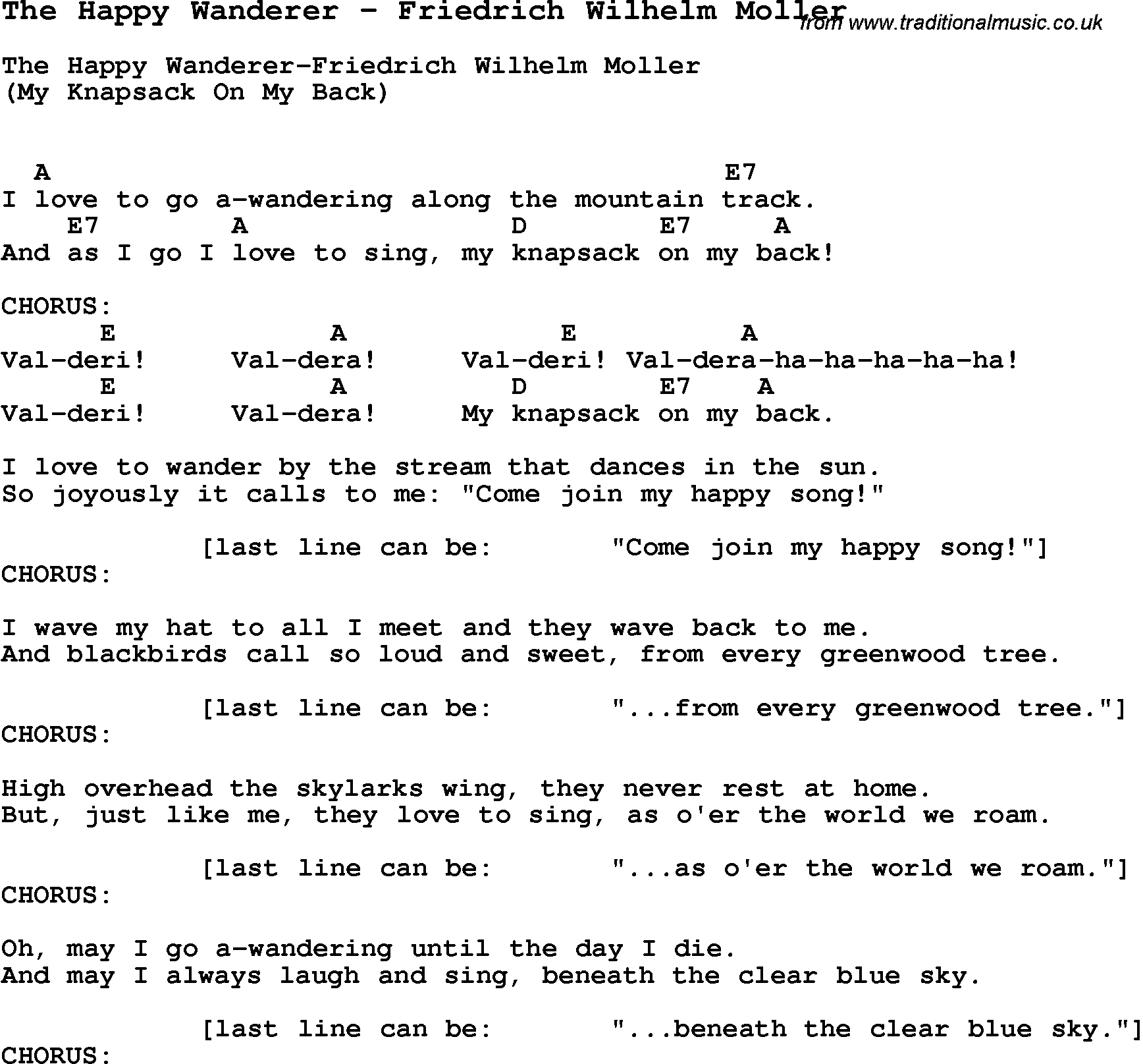 Song The Happy Wanderer by Friedrich Wilhelm Moller, with lyrics for vocal performance and accompaniment chords for Ukulele, Guitar Banjo etc.