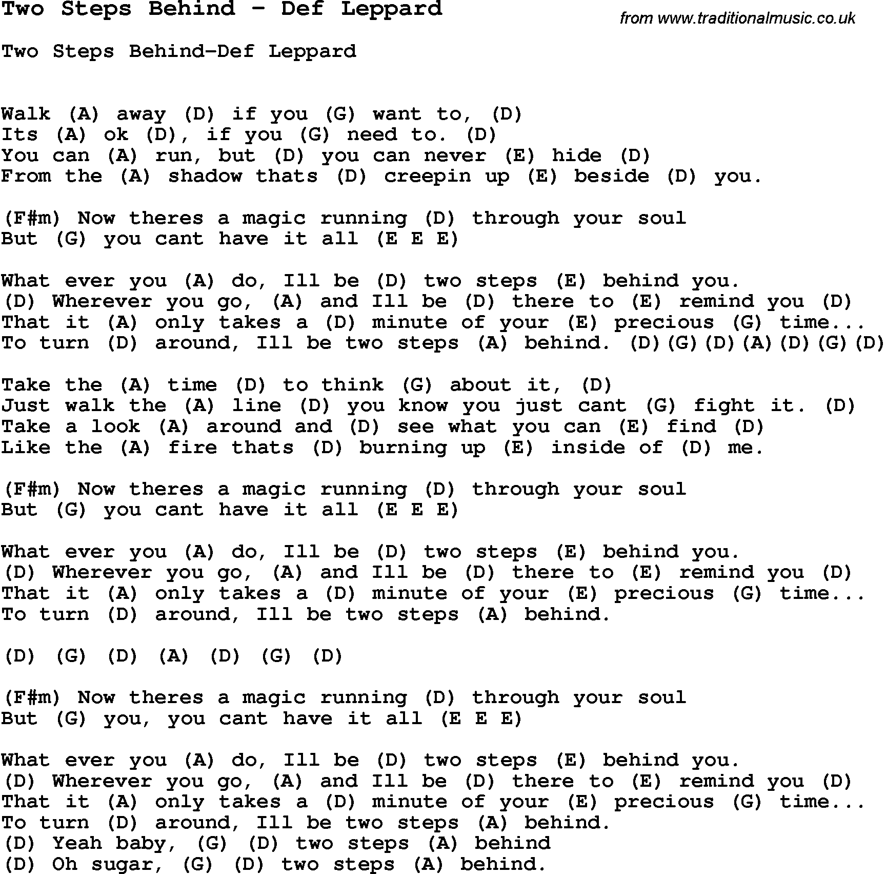 Song Two Steps Behind by Def Leppard, with lyrics for vocal performance and accompaniment chords for Ukulele, Guitar Banjo etc.