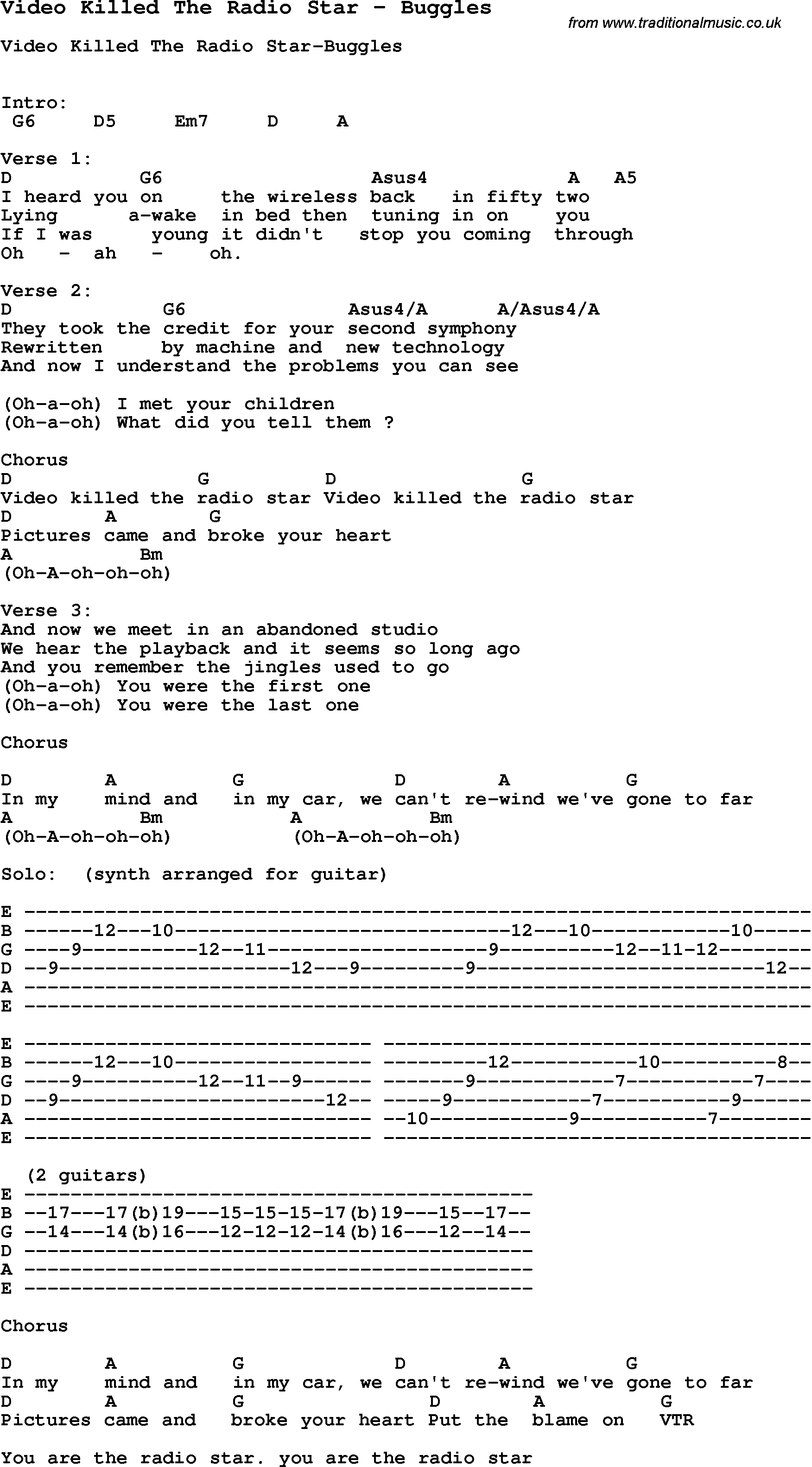 Song Video Killed The Radio Star by Buggles, with lyrics for vocal performance and accompaniment chords for Ukulele, Guitar Banjo etc.