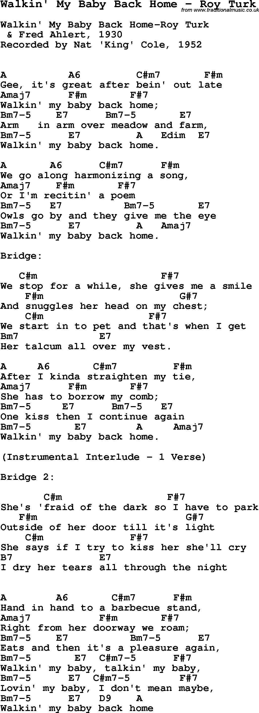 Song Walkin' My Baby Back Home by Roy Turk, with lyrics for vocal performance and accompaniment chords for Ukulele, Guitar Banjo etc.