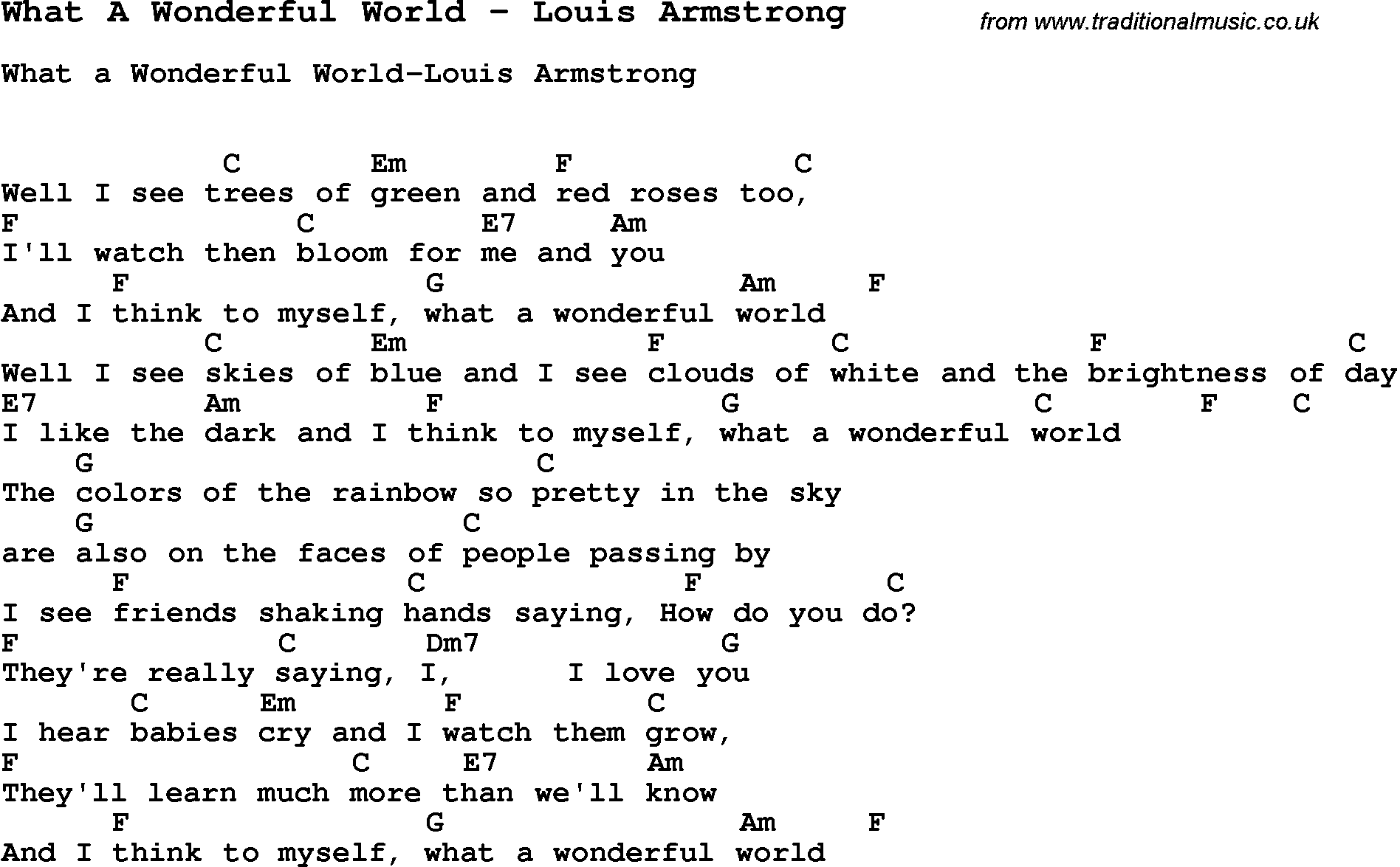 Song What A Wonderful World by Louis Armstrong, with lyrics for vocal performance and accompaniment chords for Ukulele, Guitar Banjo etc.