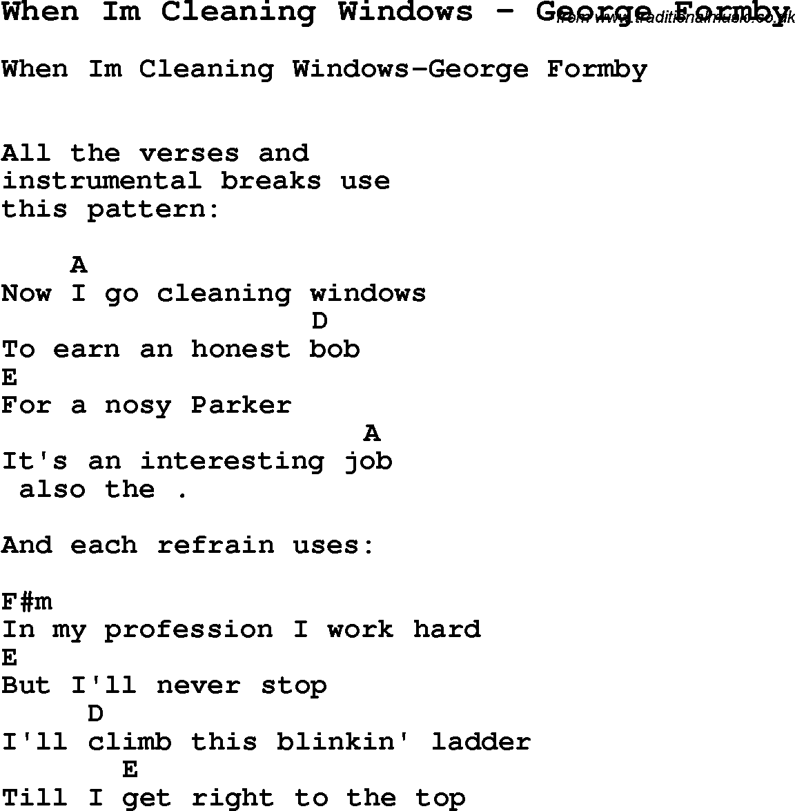 Song When Im Cleaning Windows by George Formby, with lyrics for vocal performance and accompaniment chords for Ukulele, Guitar Banjo etc.