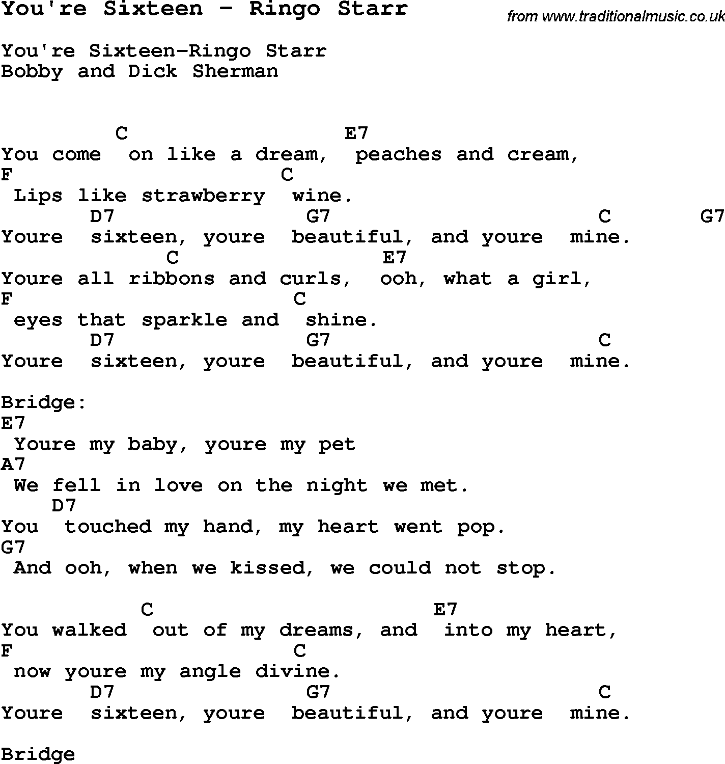 Song You're Sixteen by Ringo Starr, with lyrics for vocal performance and accompaniment chords for Ukulele, Guitar Banjo etc.
