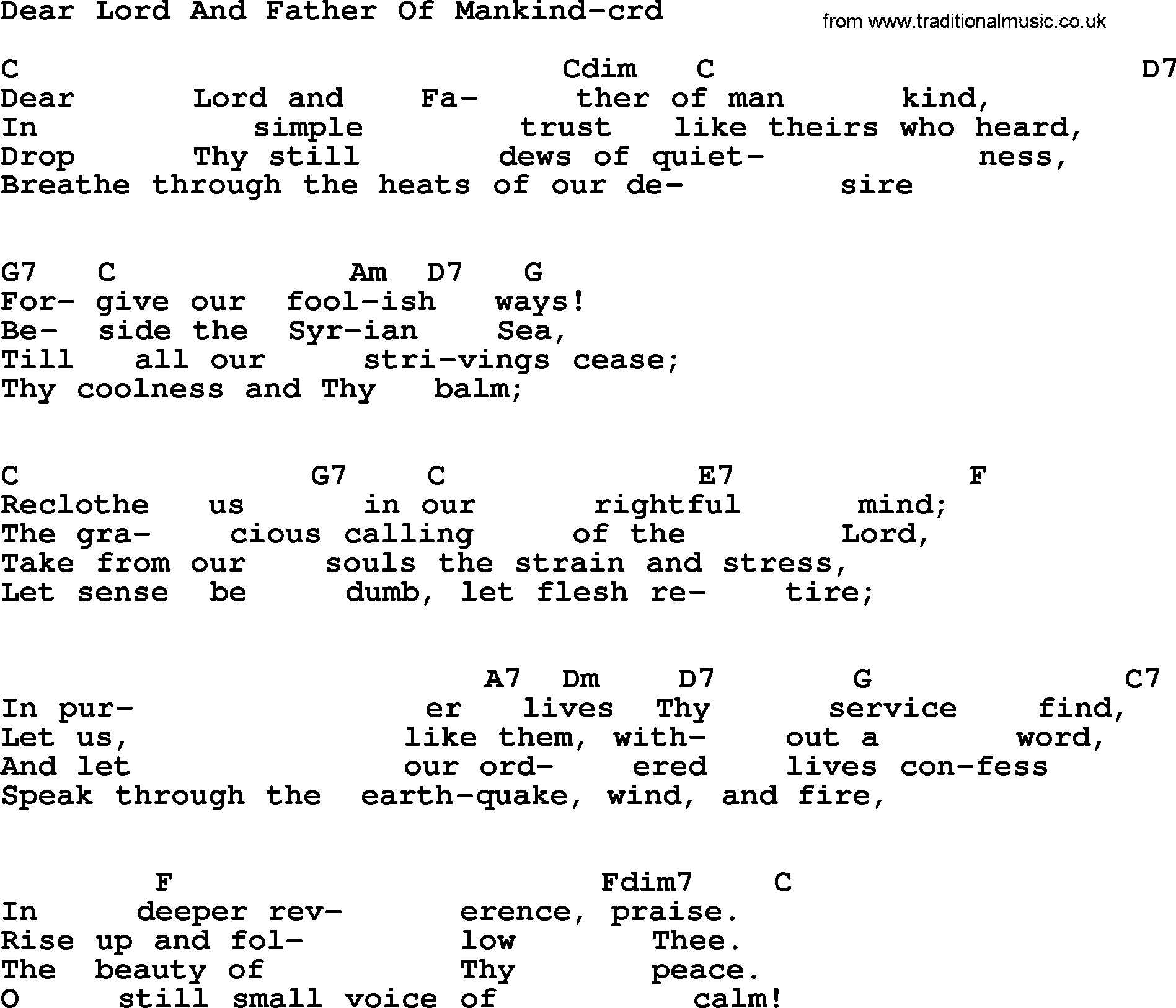 Most Popular Christian Wedding Hymns, Hymn: Dear Lord And Father Of Mankind lyrics, chords and PDF