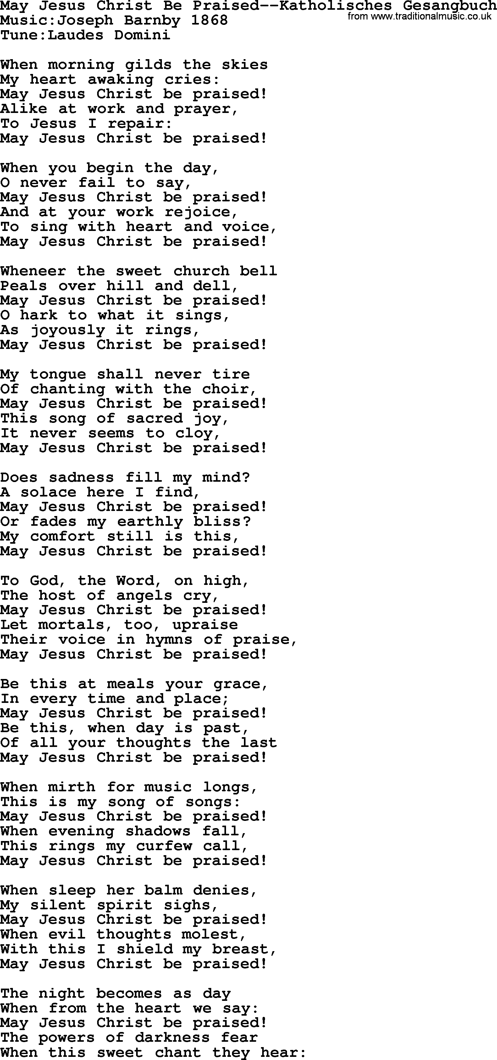 Most Popular Christian Wedding Hymns, Hymn: May Jesus Christ Be Praised-Katholisches Gesangbuch, lyrics and PDF