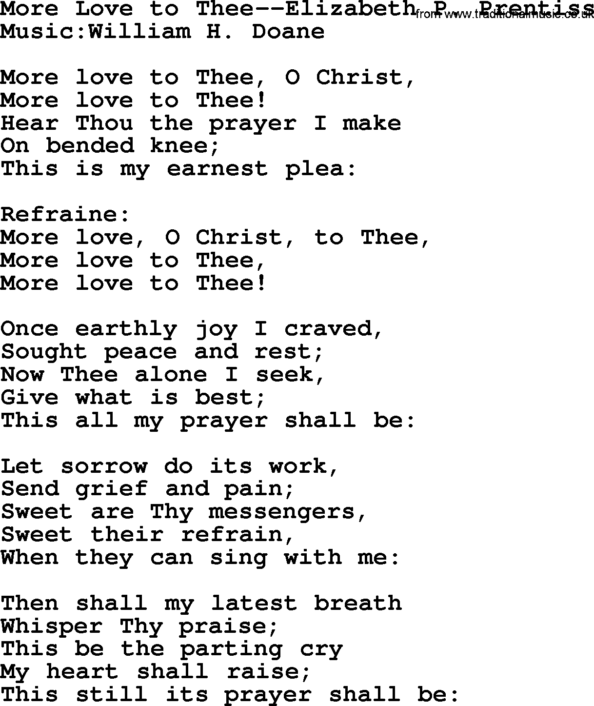 Most Popular Christian Wedding Hymns, Hymn: More Love To Thee-Elizabeth P Prentiss, lyrics and PDF