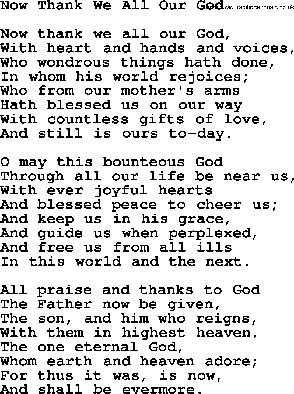 Most Popular Christian Wedding Hymns, Hymn: Now Thank We All Our God, lyrics and PDF