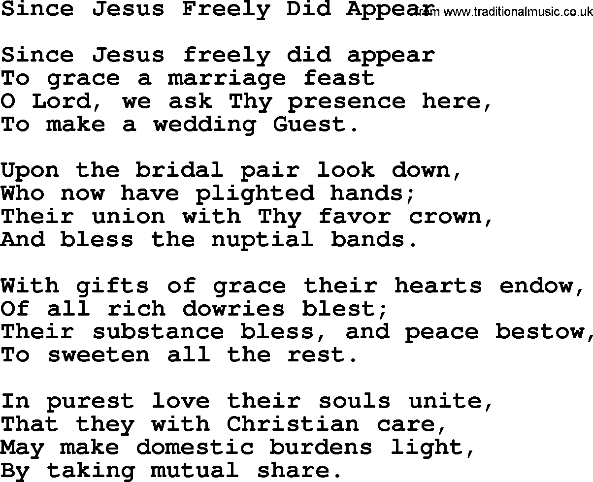 Most Popular Christian Wedding Hymns, Hymn: Since Jesus Freely Did Appear, lyrics and PDF