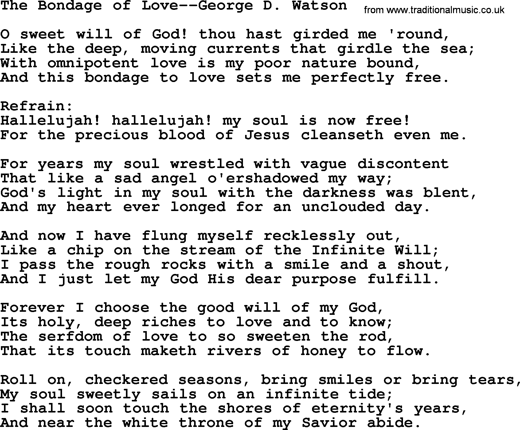 Most Popular Christian Wedding Hymns, Hymn: The Bondage Of Love-George D. Watson, lyrics and PDF