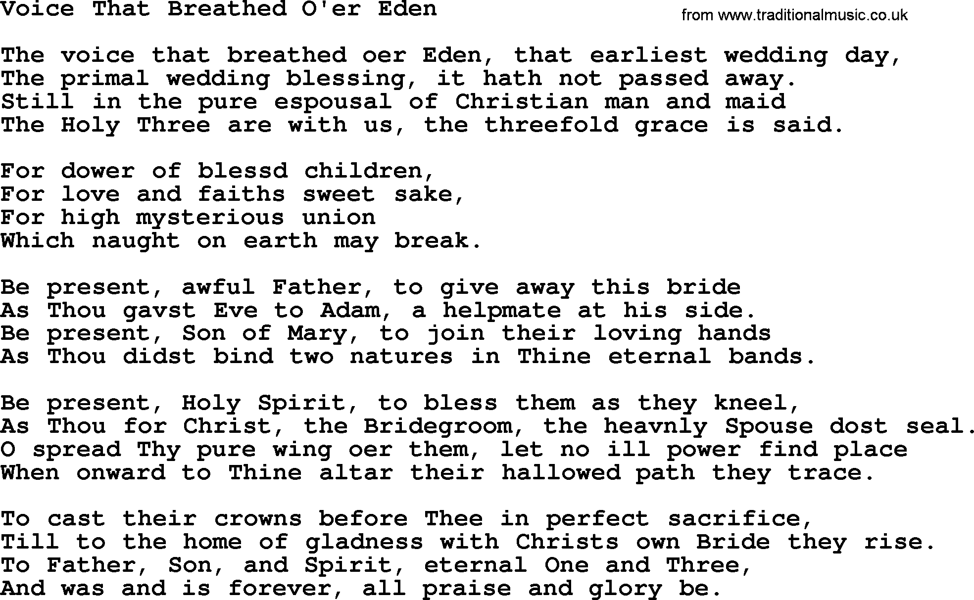 Most Popular Christian Wedding Hymns, Hymn: Voice That Breathed O'er Eden, lyrics and PDF
