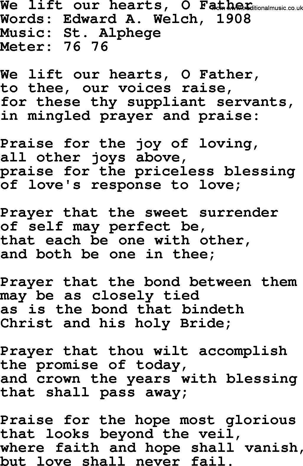 Most Popular Christian Wedding Hymns, Hymn: We Lift Our Hearts, O Father, lyrics and PDF