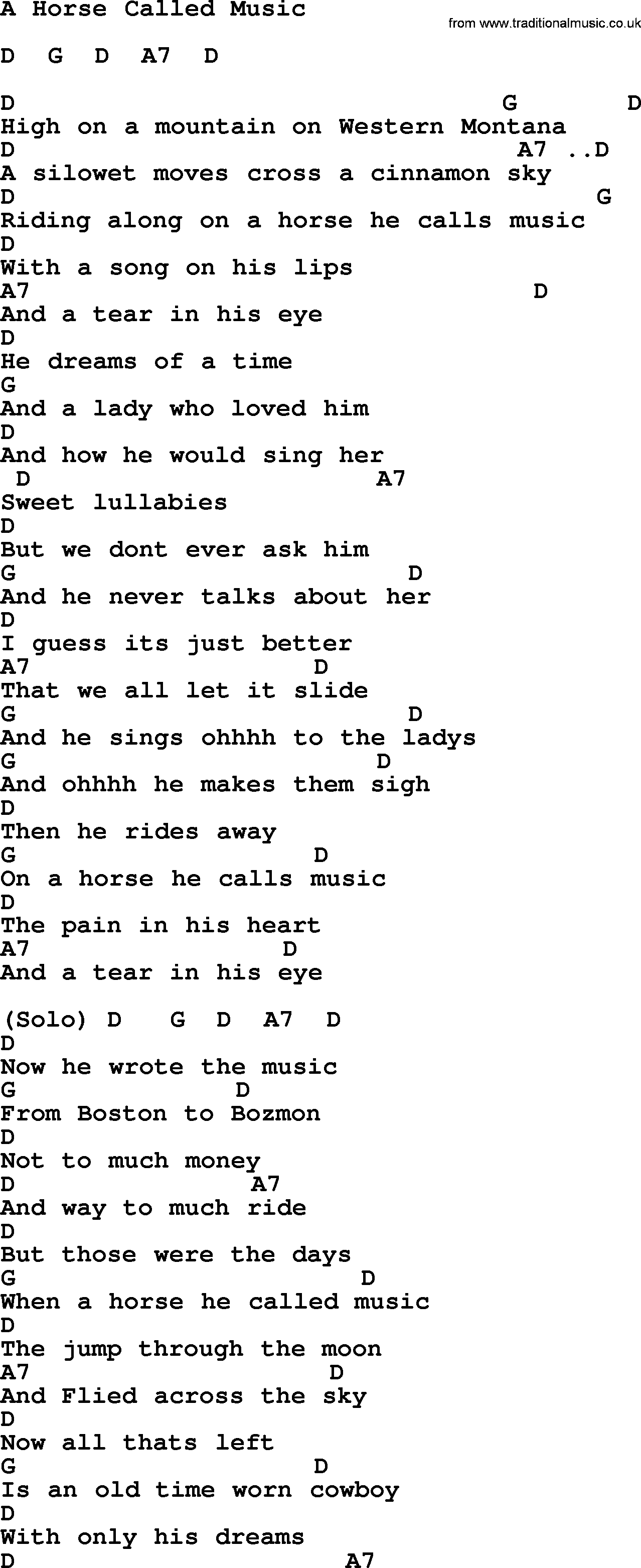 Willie Nelson song: A Horse Called Music, lyrics and chords